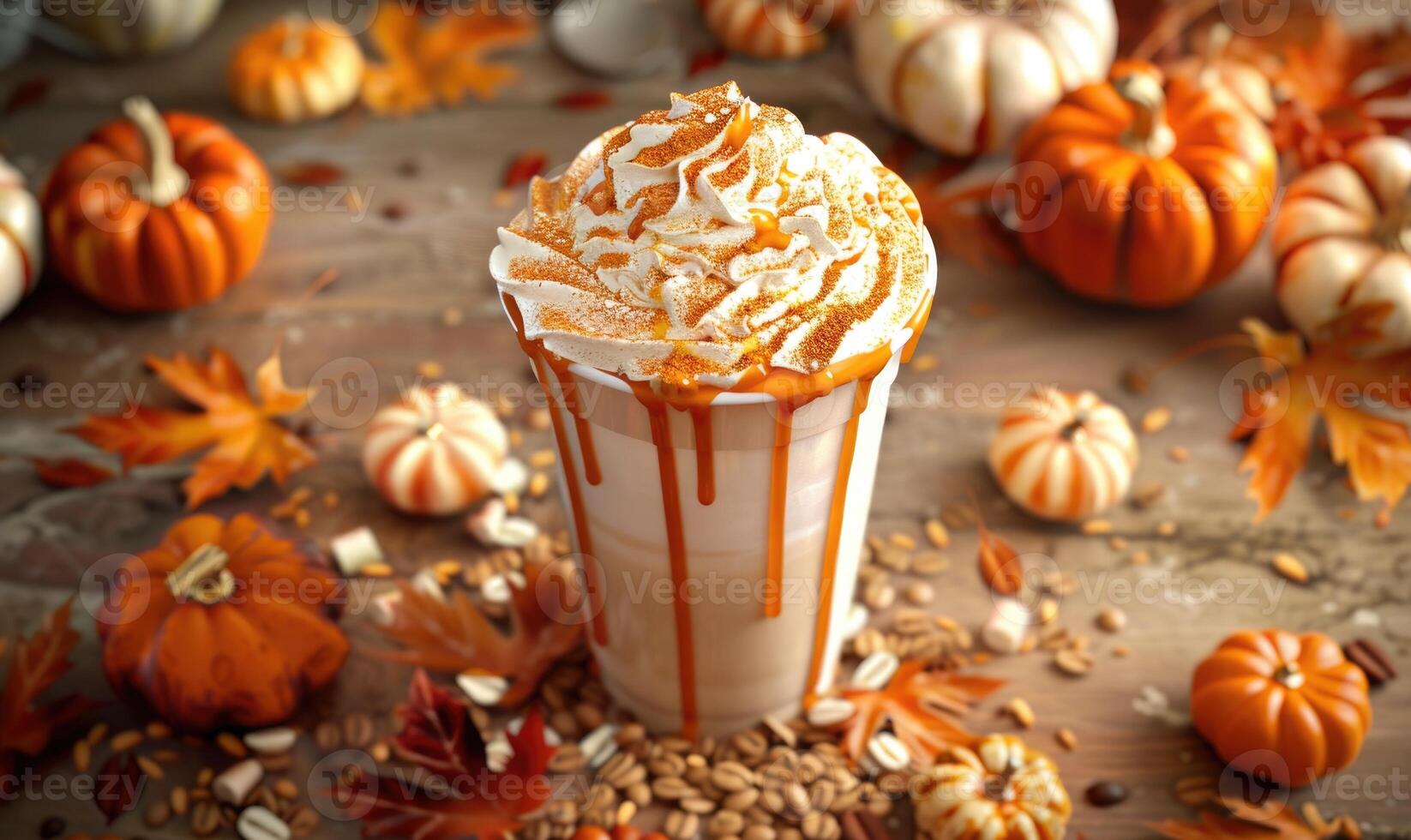 A pumpkin spice latte with a drizzle of caramel photo