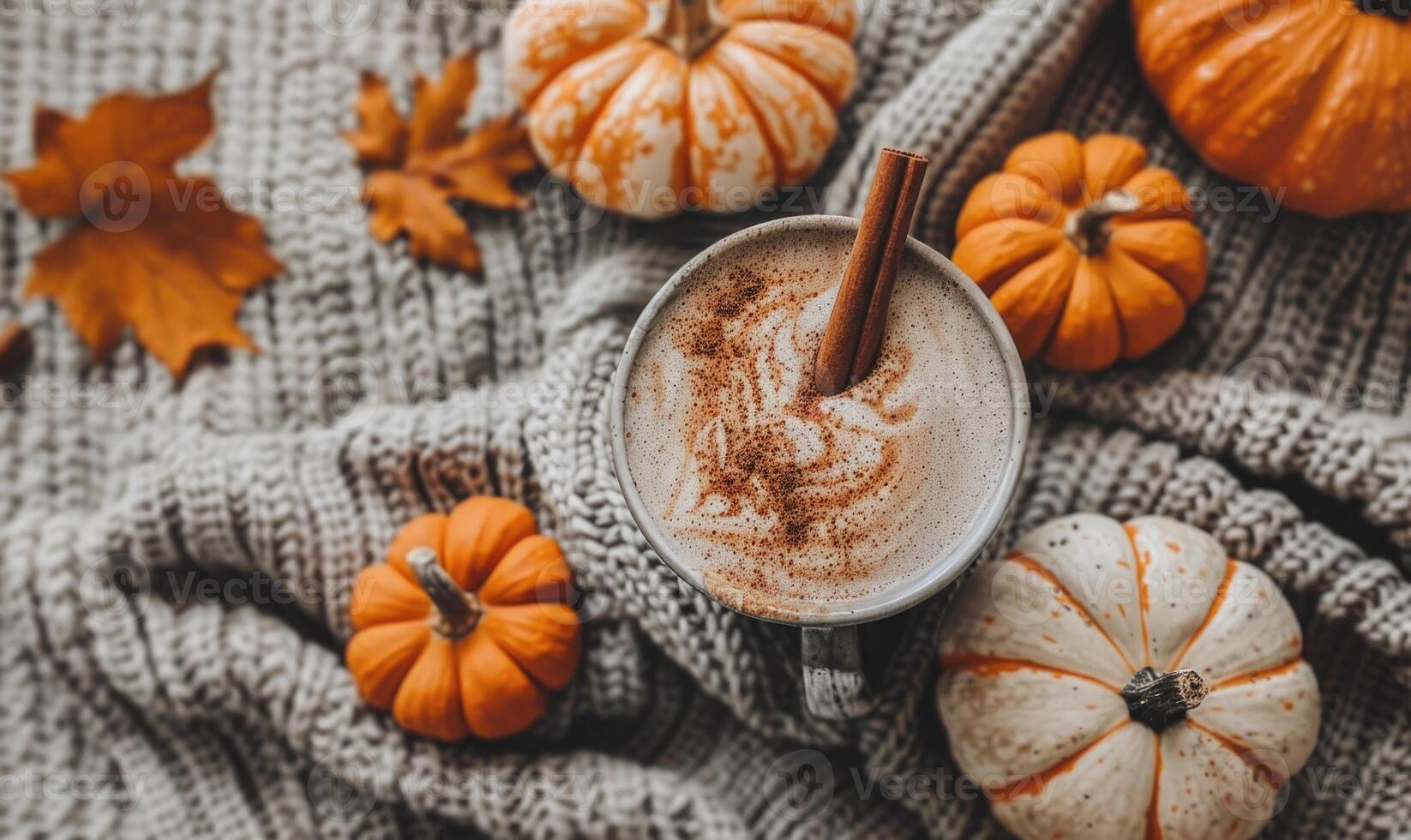 A pumpkin spice latte with a cinnamon stick photo