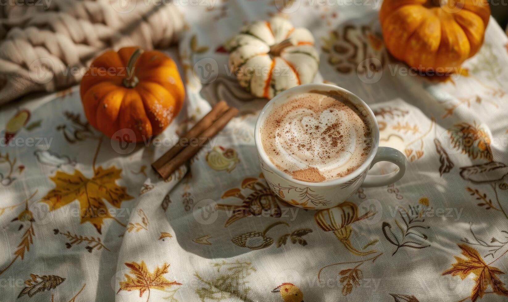 A pumpkin spice latte with a cinnamon stick and small pumpkins photo