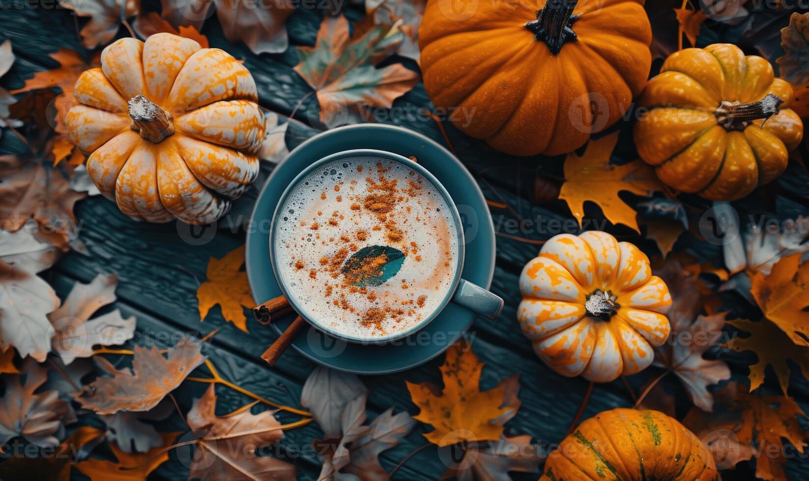 A pumpkin chai tea latte with cinnamon, surrounded by small pumpkins and autumn leaves photo