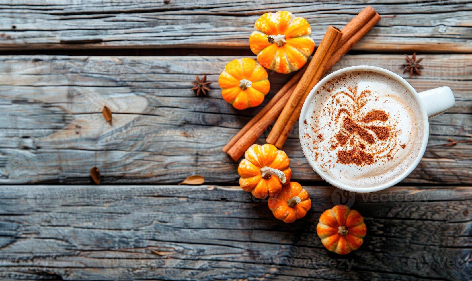 A pumpkin spice latte with a cinnamon stick, small pumpkins on a vintage wooden surface photo