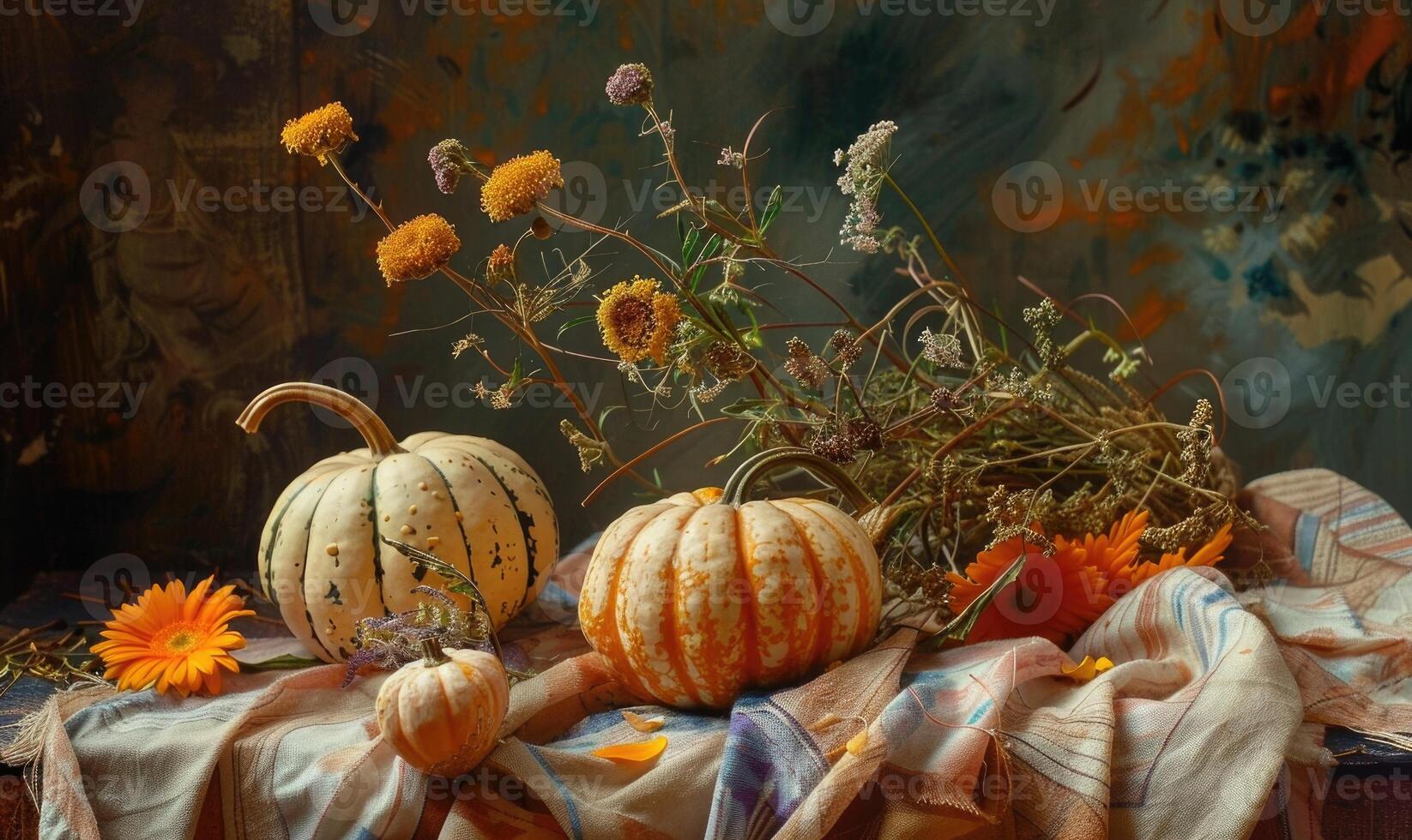 A still life with pumpkins and dried flowers photo
