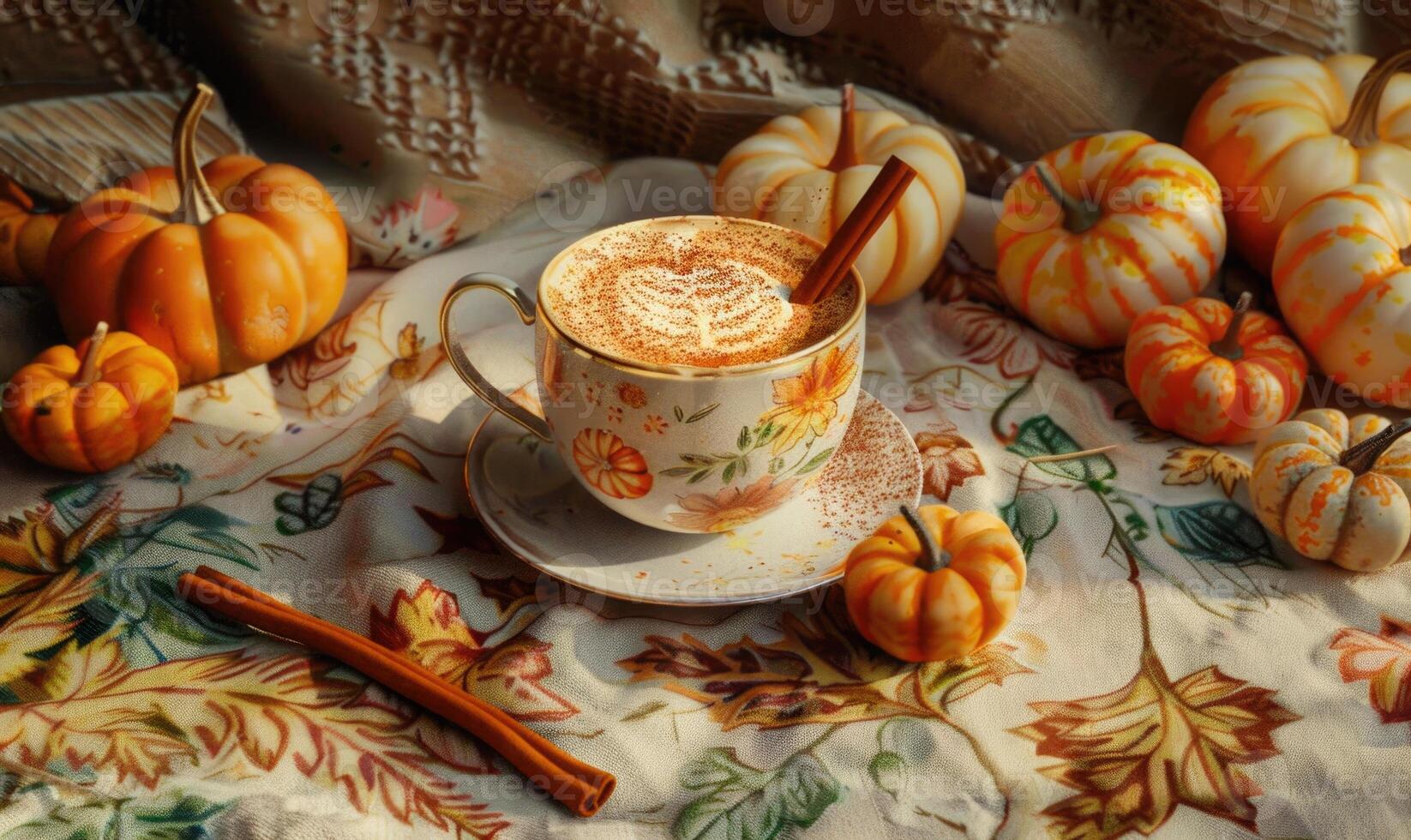 A pumpkin spice latte with a cinnamon stick photo