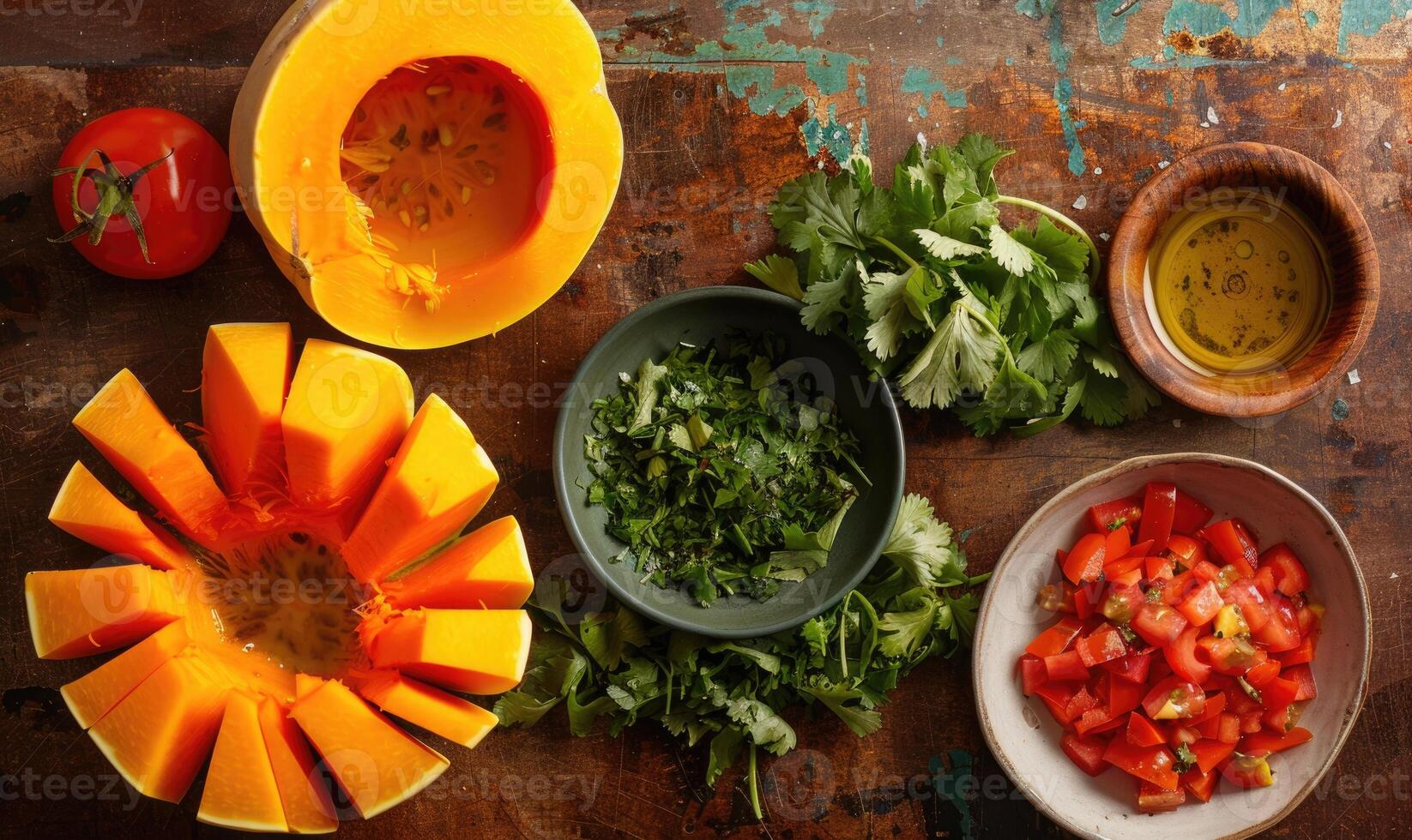 A top-down view of a kitchen prep area with fresh cilantro photo