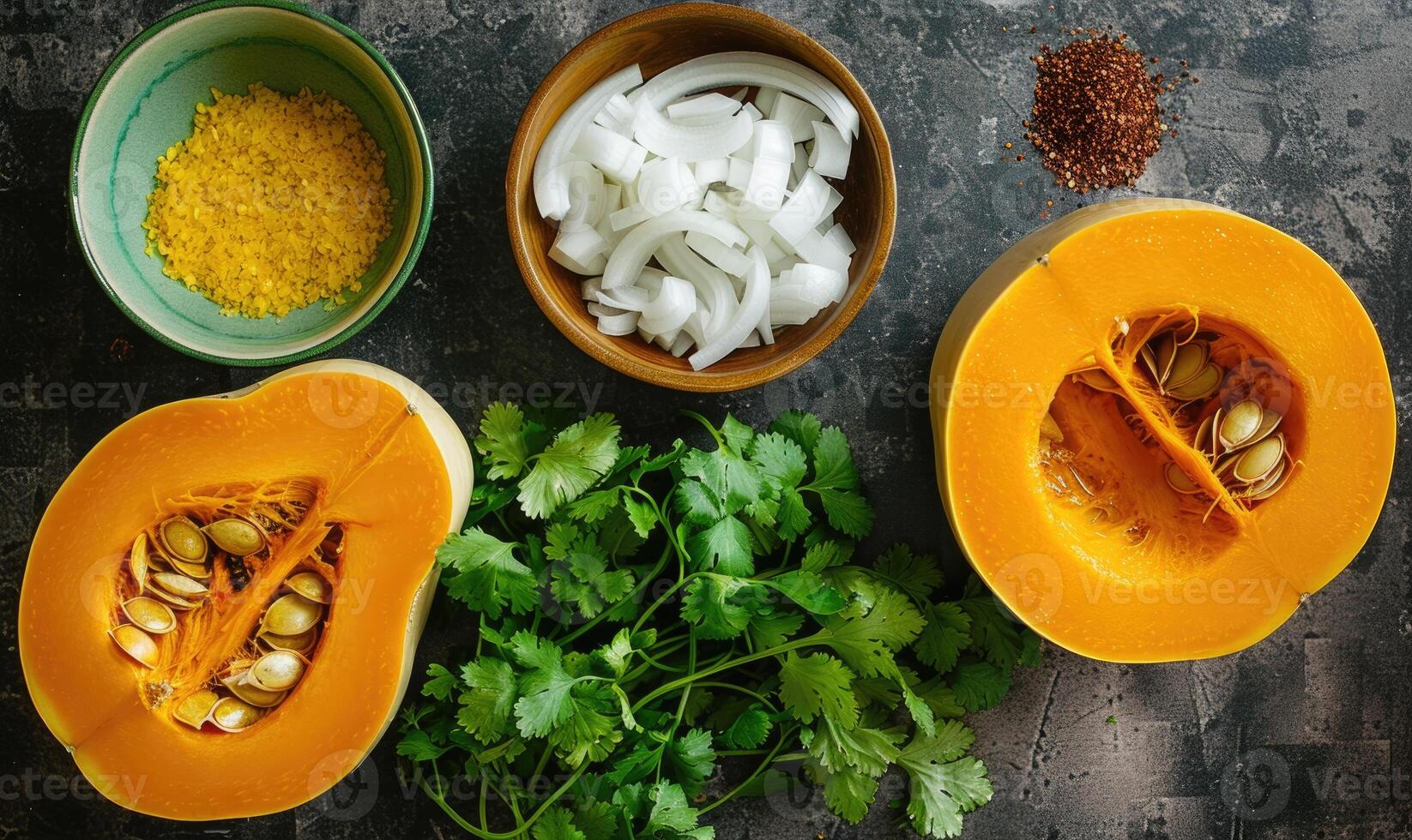 A top-down view of a kitchen counter with a halved pumpkin photo