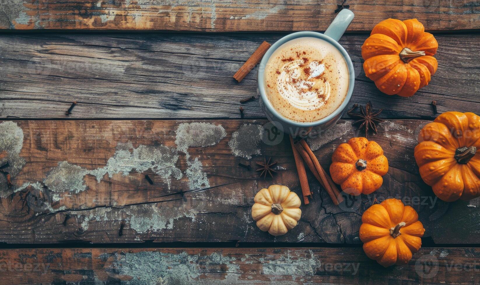 A pumpkin spice latte with a cinnamon stick, small pumpkins on a vintage wooden surface photo