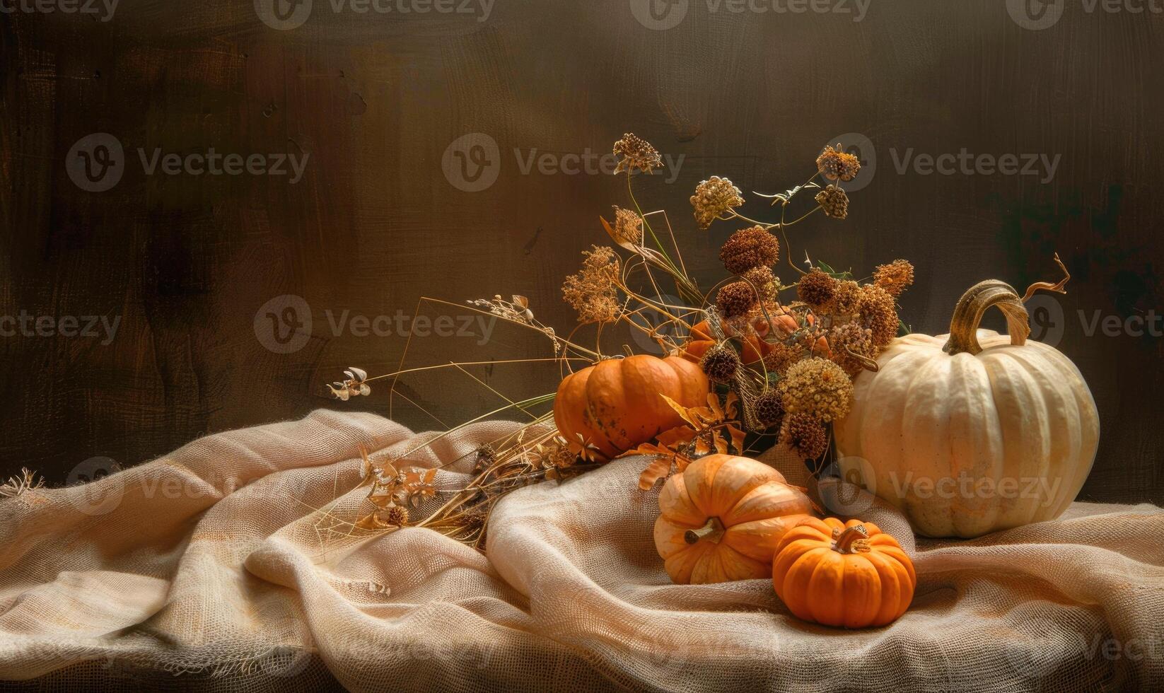 A still life with pumpkins and dried flowers photo