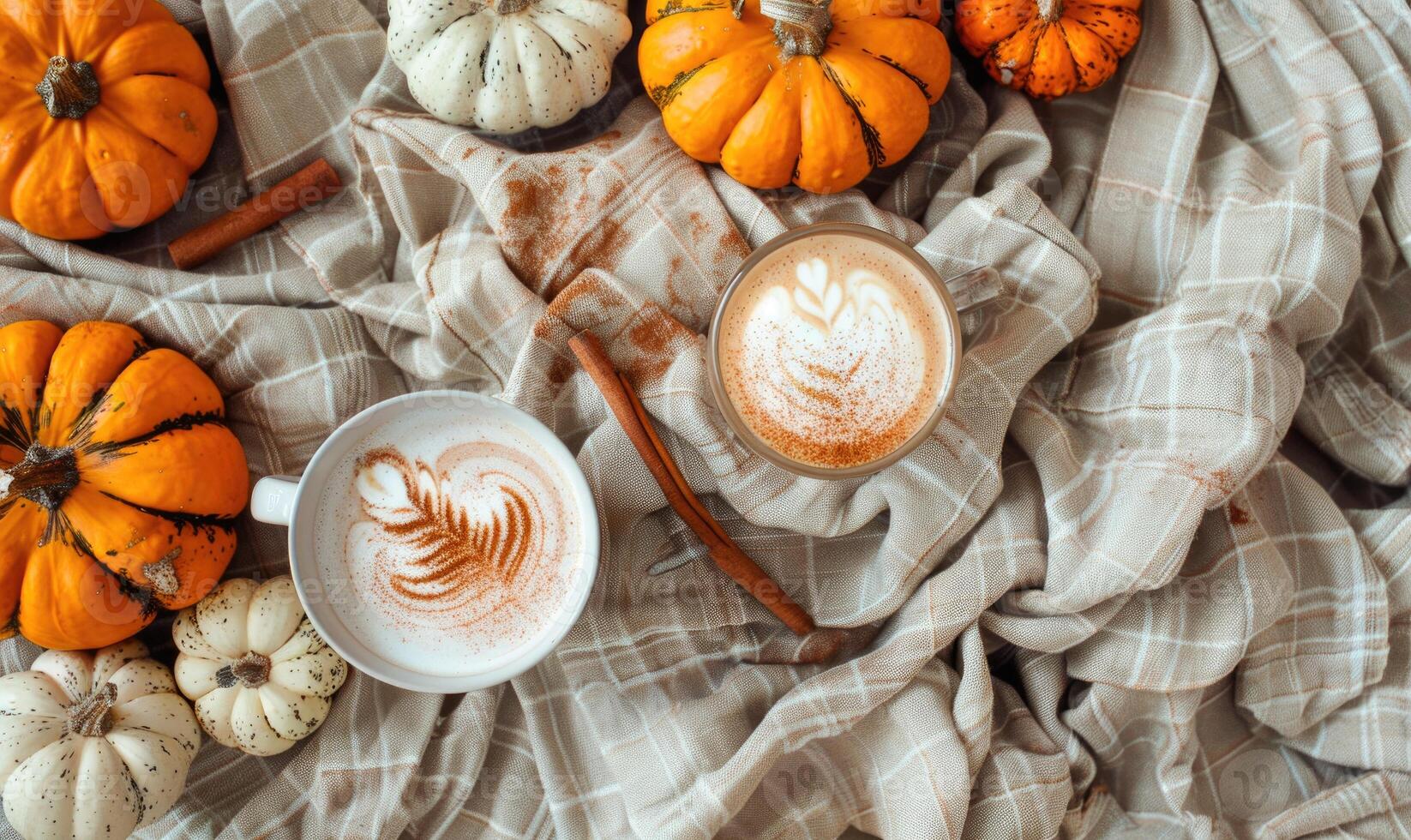 A pumpkin spice latte with a cinnamon stick photo