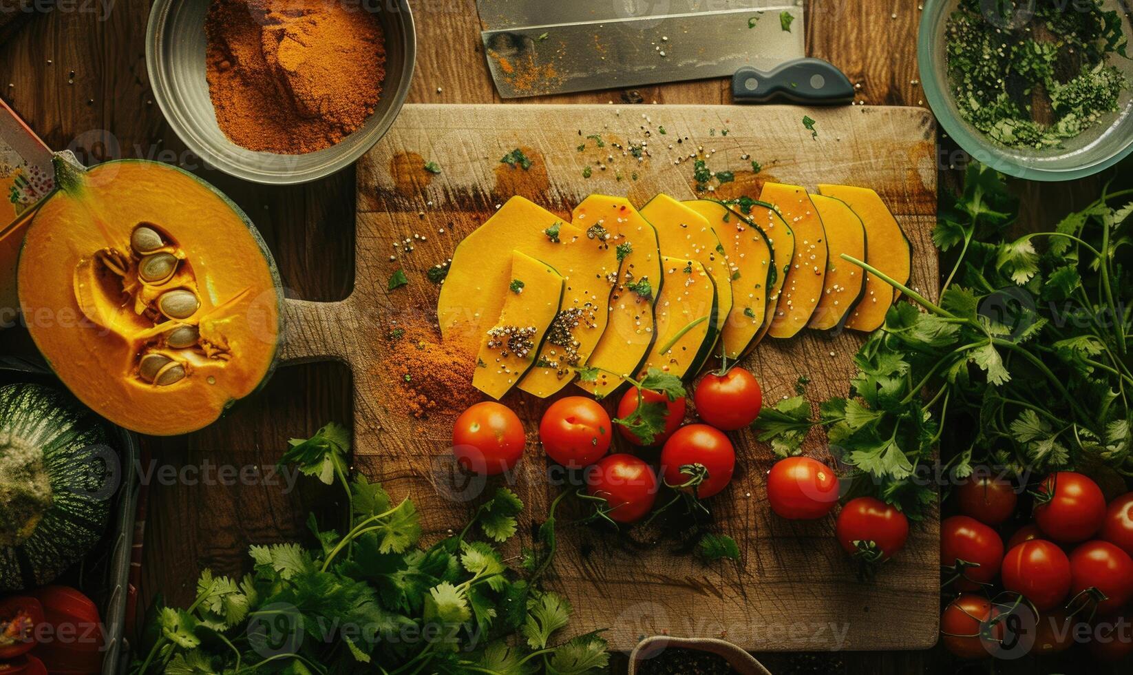 A top-down view of a kitchen prep area with a halved pumpkin photo