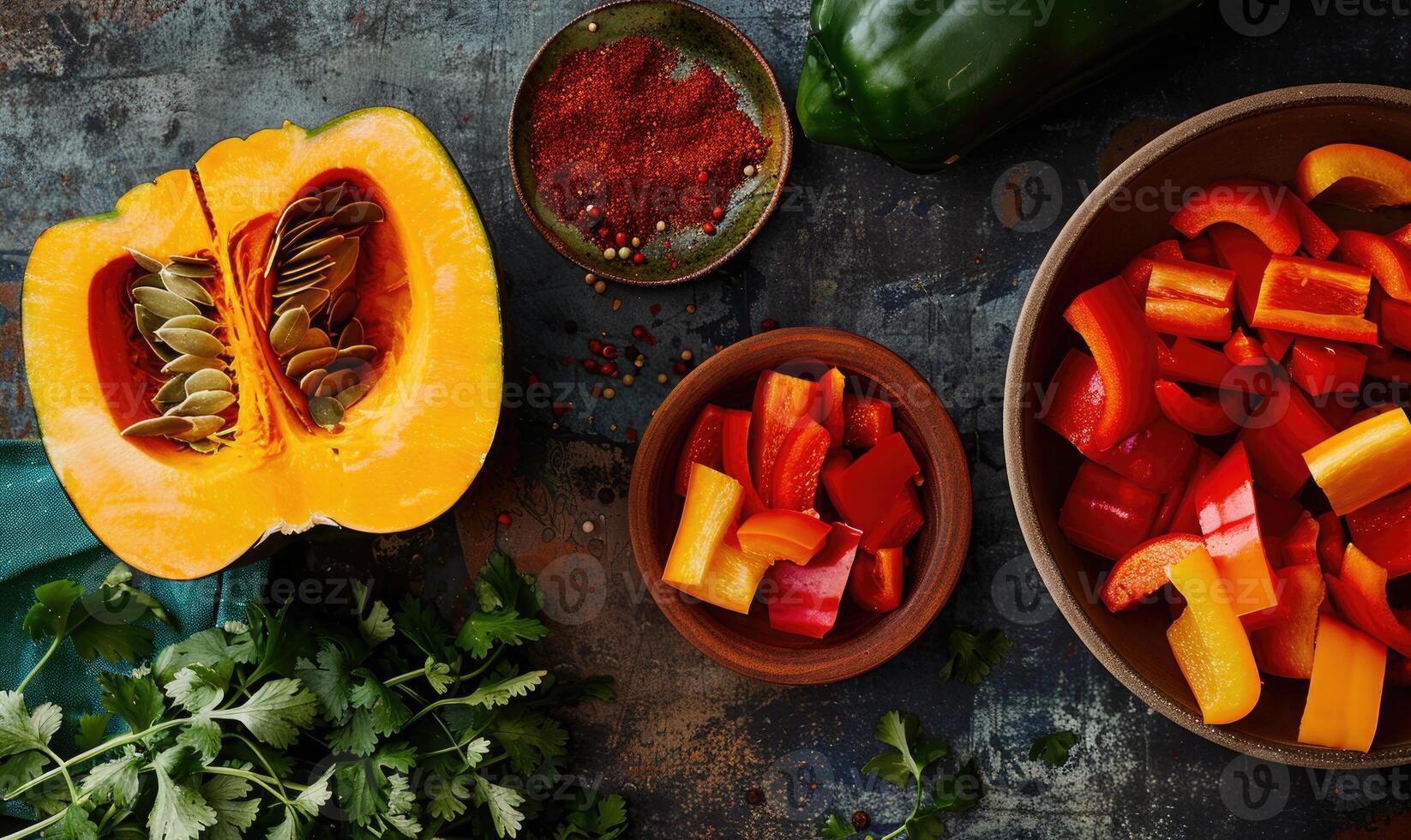 A top-down view of a kitchen prep area with a halved pumpkin photo
