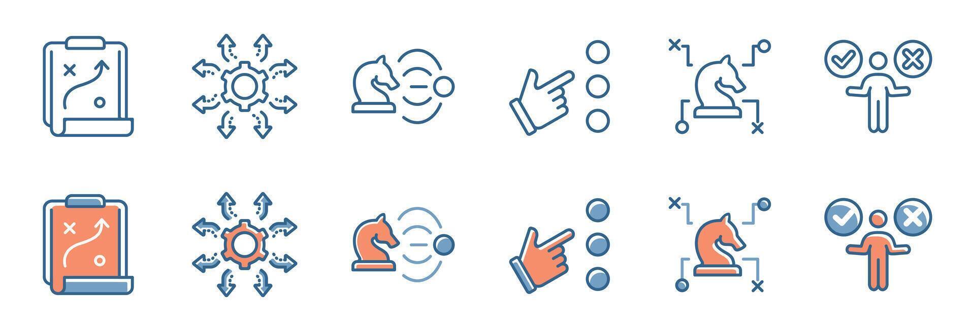 set of strategy action plan business mission icon teamwork leadership decision success objective symbol collection illustration vector