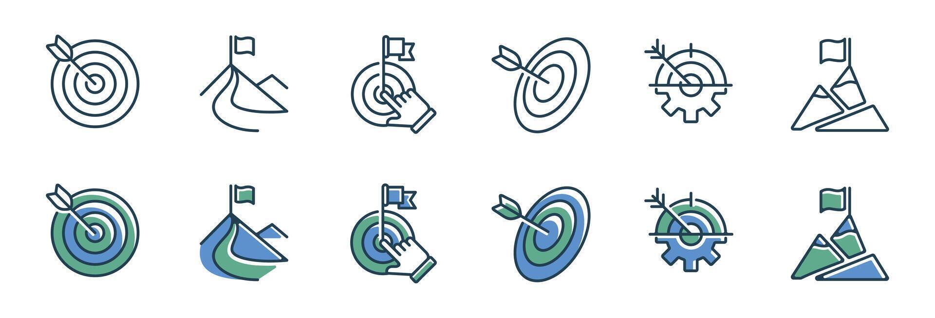 business mountain and arrow target goal icon set competitive objective aim challenge illustration marketing strategy performance symbol design vector