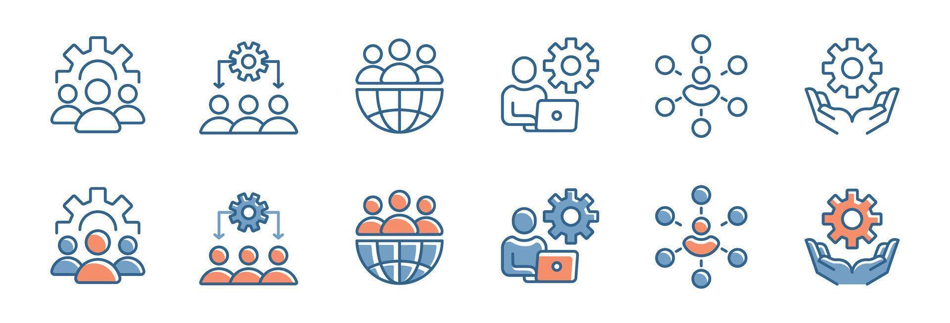human resource employee structure organization icon set business teamwork diagram hierarchy management with gear cogwheel illustration for web and app vector