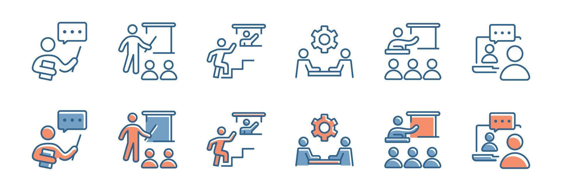 online workshop seminar skill training icon set outline business human resource development course coaching and meeting conference professional education collection illustration vector