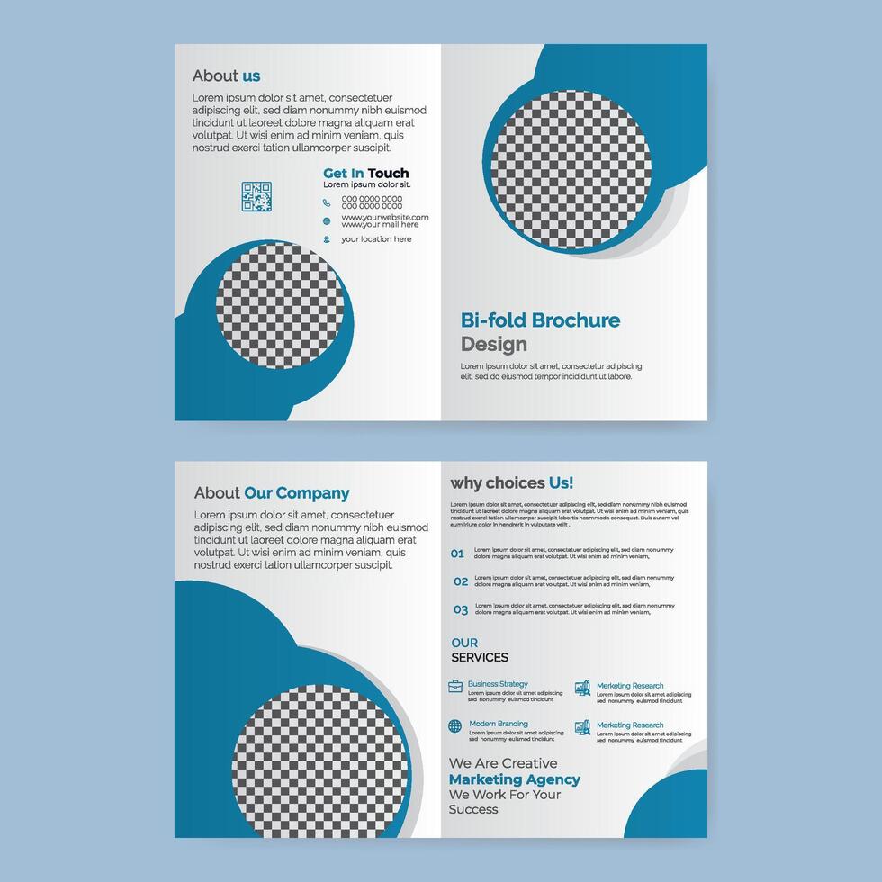 Corporate modern bi fold brochure template and company profile with blue and black creative shapes annual report design vector