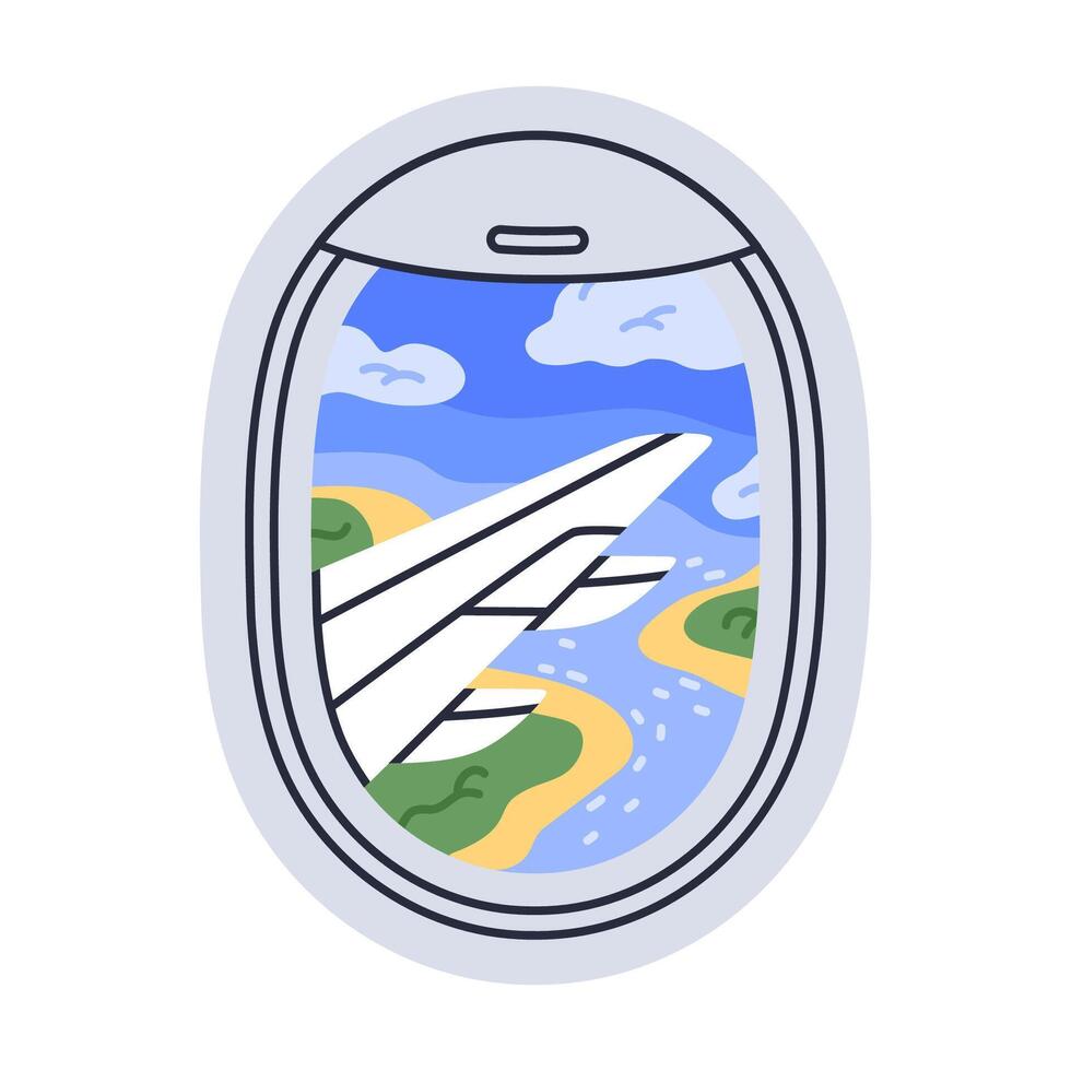 Aircraft porthole. Flying airplane window view with sky and landscape, clouds, hills and ocean plane window view flat illustration. Plane travel skyscape vector