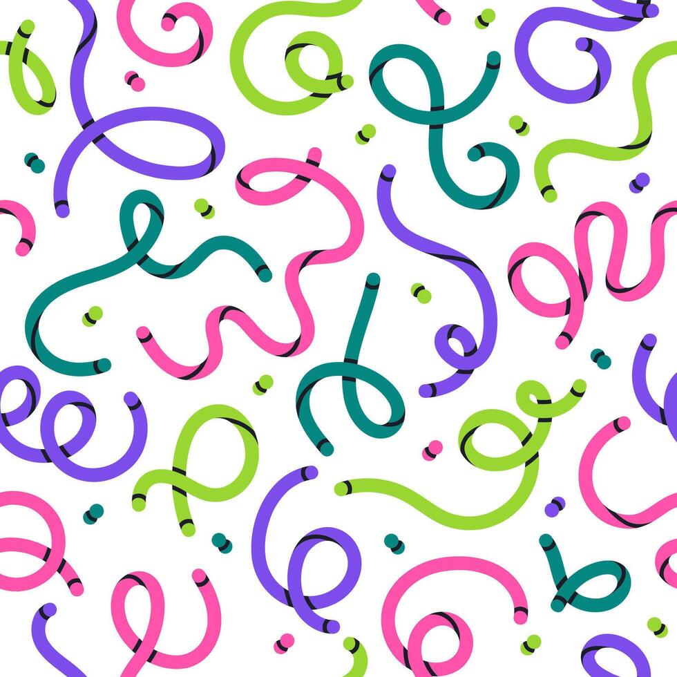 Twisted lines seamless pattern. Abstract scribble colorful shapes endless design, minimalist style scribbles flat background illustration. Hand drawn squiggles pattern vector