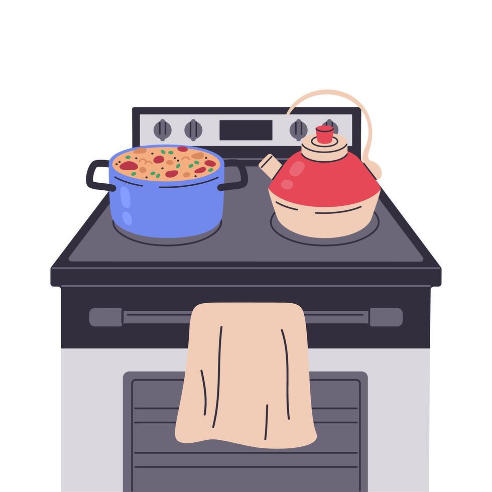 Food cooking on stove. Boiling soup and kettle on burners, home food preparing flat illustration. Dinner or lunch cooking on gas stove vector