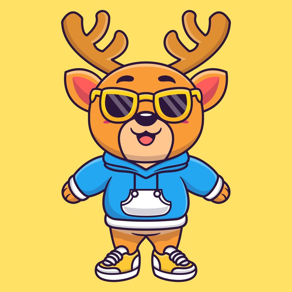 Cute deer wearing hoodie jacket and wearing glasses cartoon animal vector