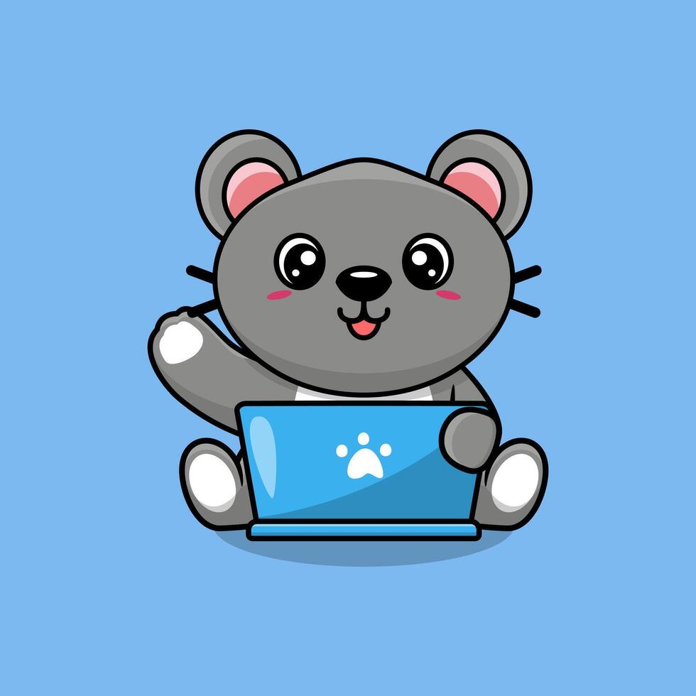 Cute mouse working on laptop cartoon illustration animal technology icon concept vector