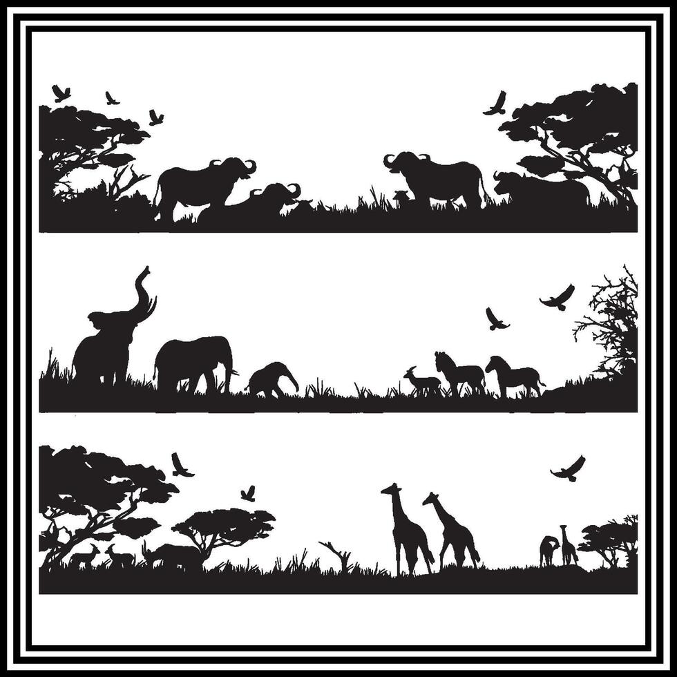 African wild animals silhouette set, safari landscape silhouette. vector