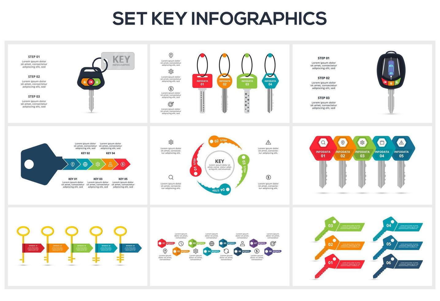 Set Keys concept for infographics with 3, 4, 5, 6, 8 steps, options, parts or processes. Business data visualization. vector