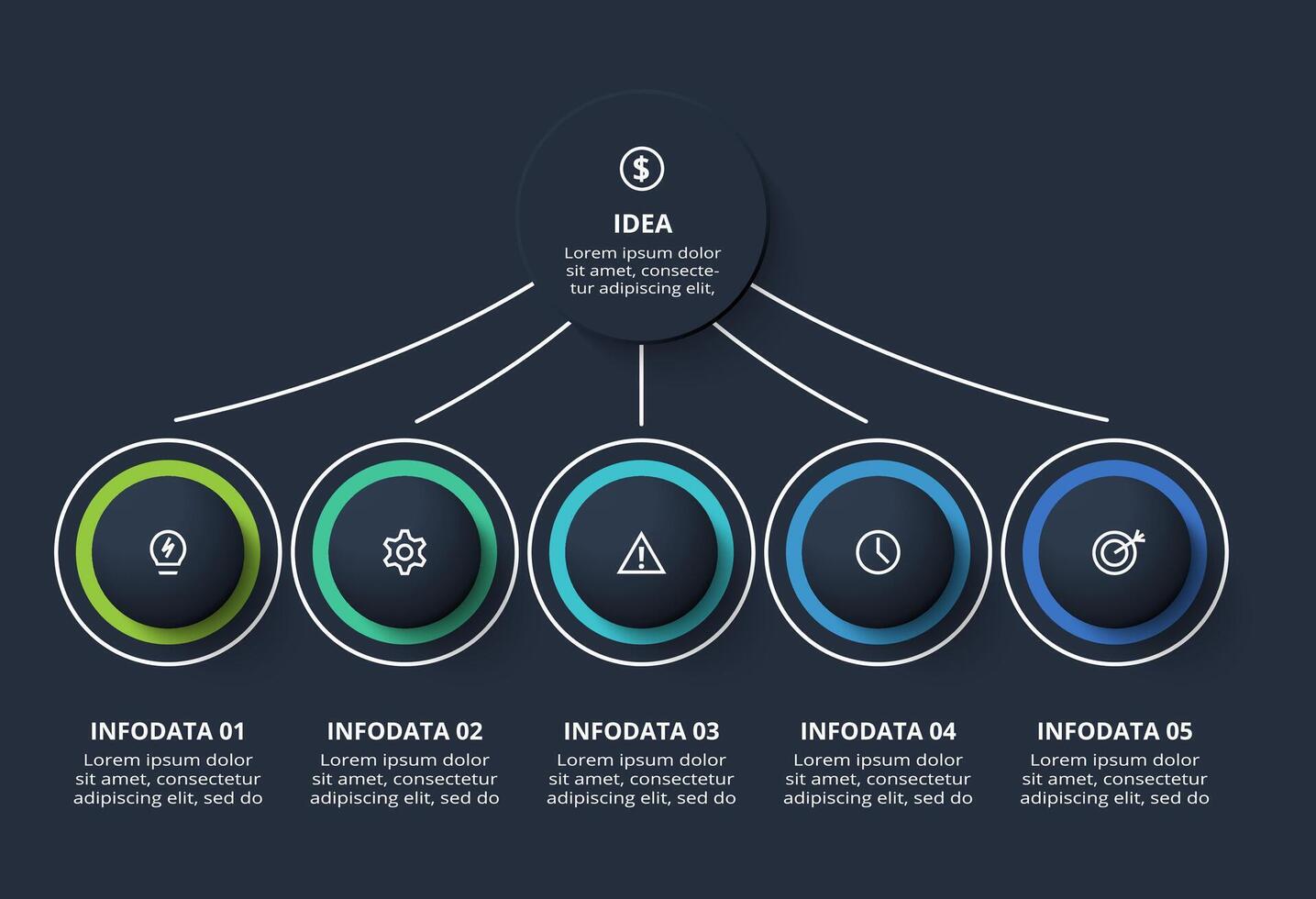 Creative infographic with 5 elements, presentations, illustration. Template for web on a black background. vector