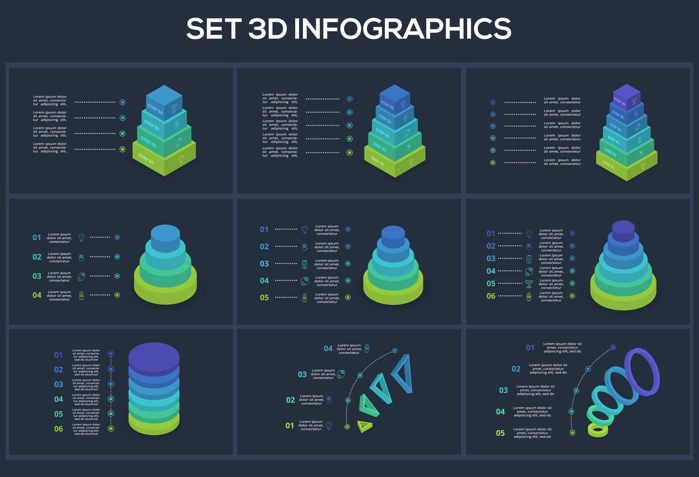 Set 3d concept for infographic with 4, 5, 6 steps, options, parts or processes. Template for web on a black background. vector