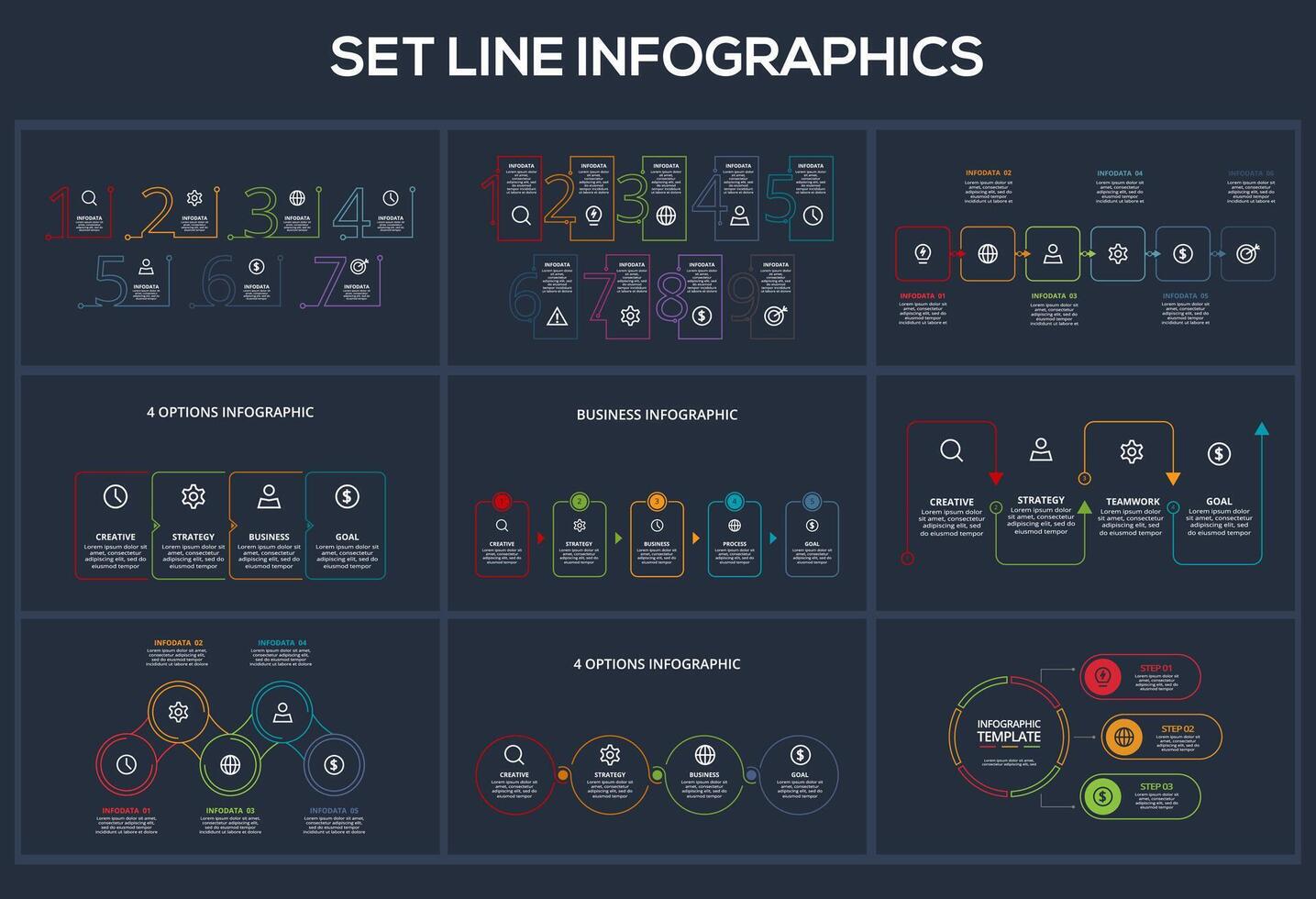 Set Line dark infographics elements. Templates for growth chart, graph, presentation, chart. Business startup concept vector