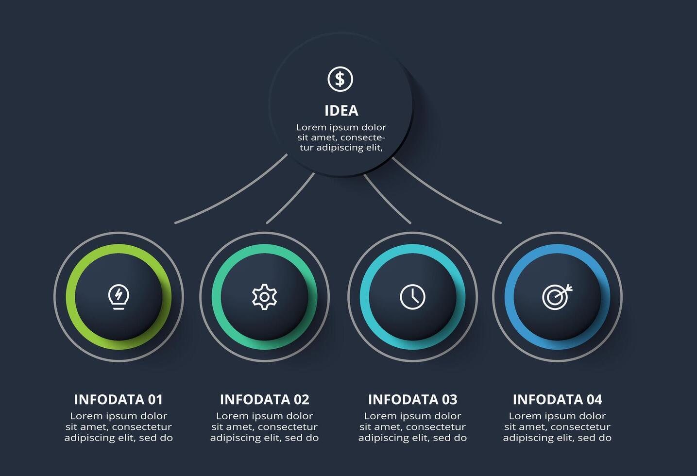 Creative infographic with 4 elements, presentations, illustration. Template for web on a black background. vector