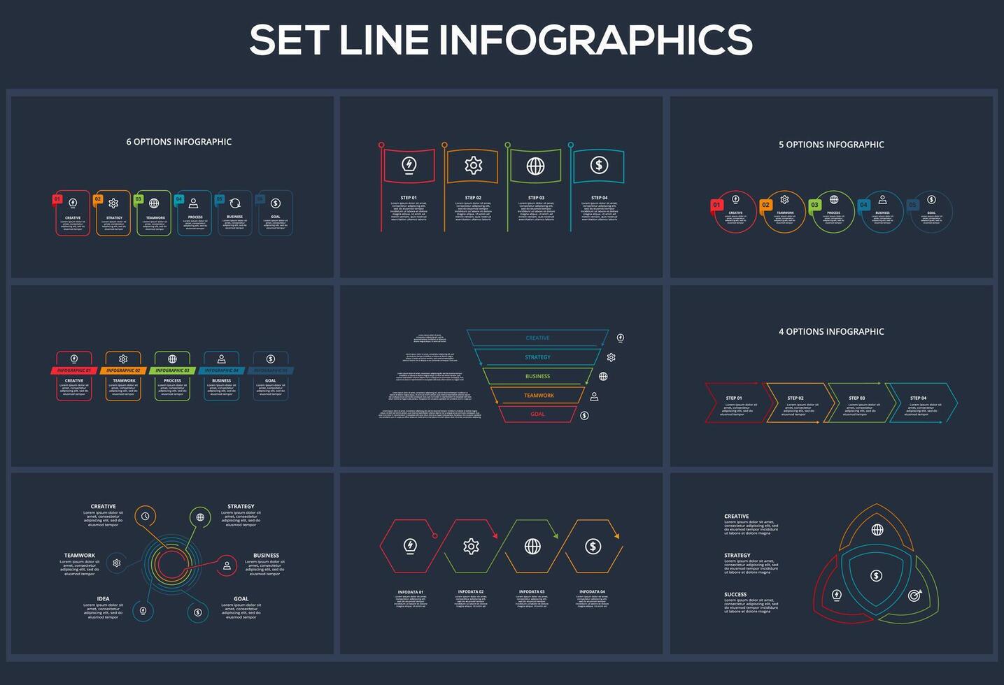 Set Line dark infographics elements. Templates for growth chart, graph, presentation, chart. Business startup concept vector