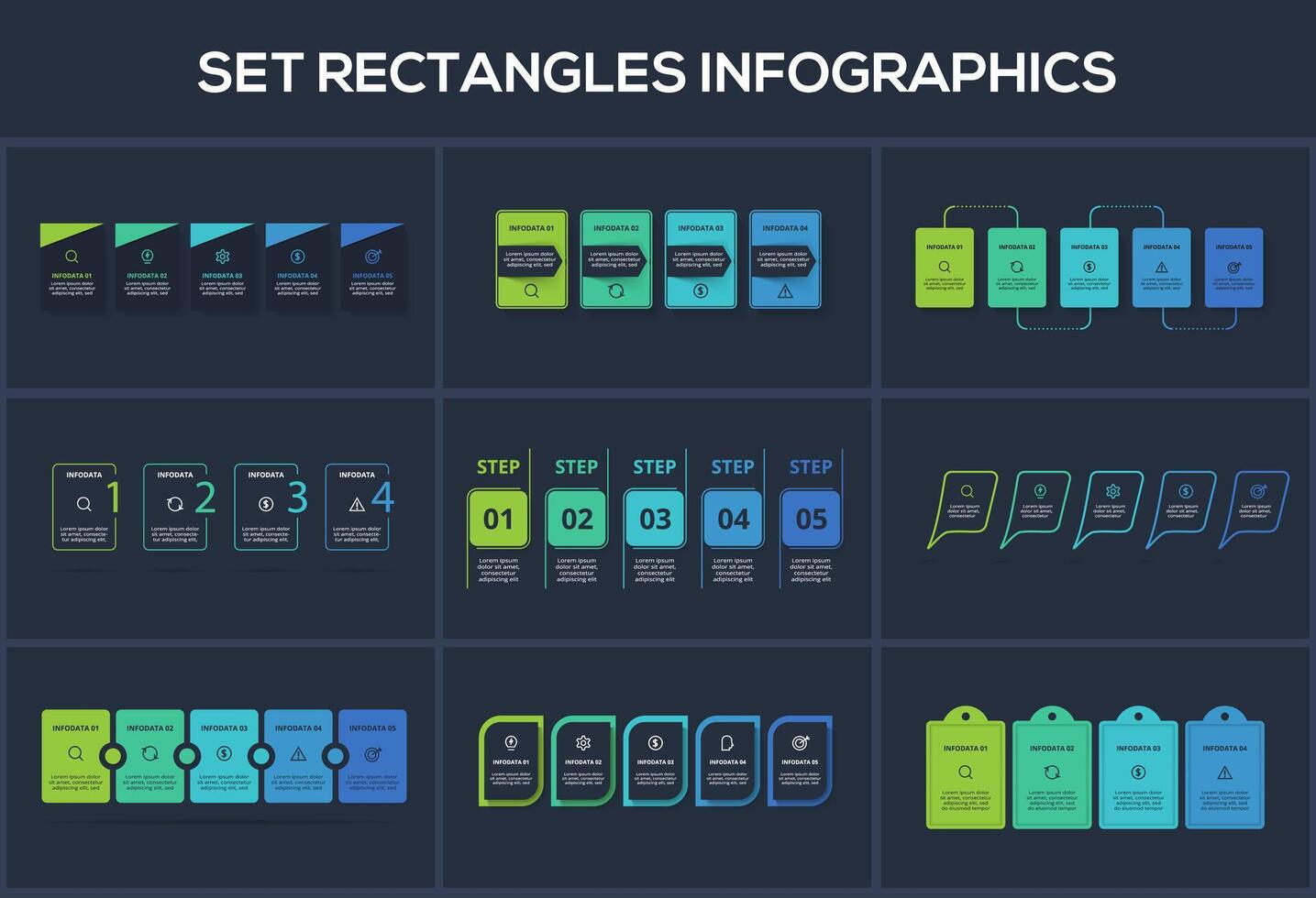Set Rectangles infographic with 4, 5 steps, options, parts or processes. Template for web on a background. vector