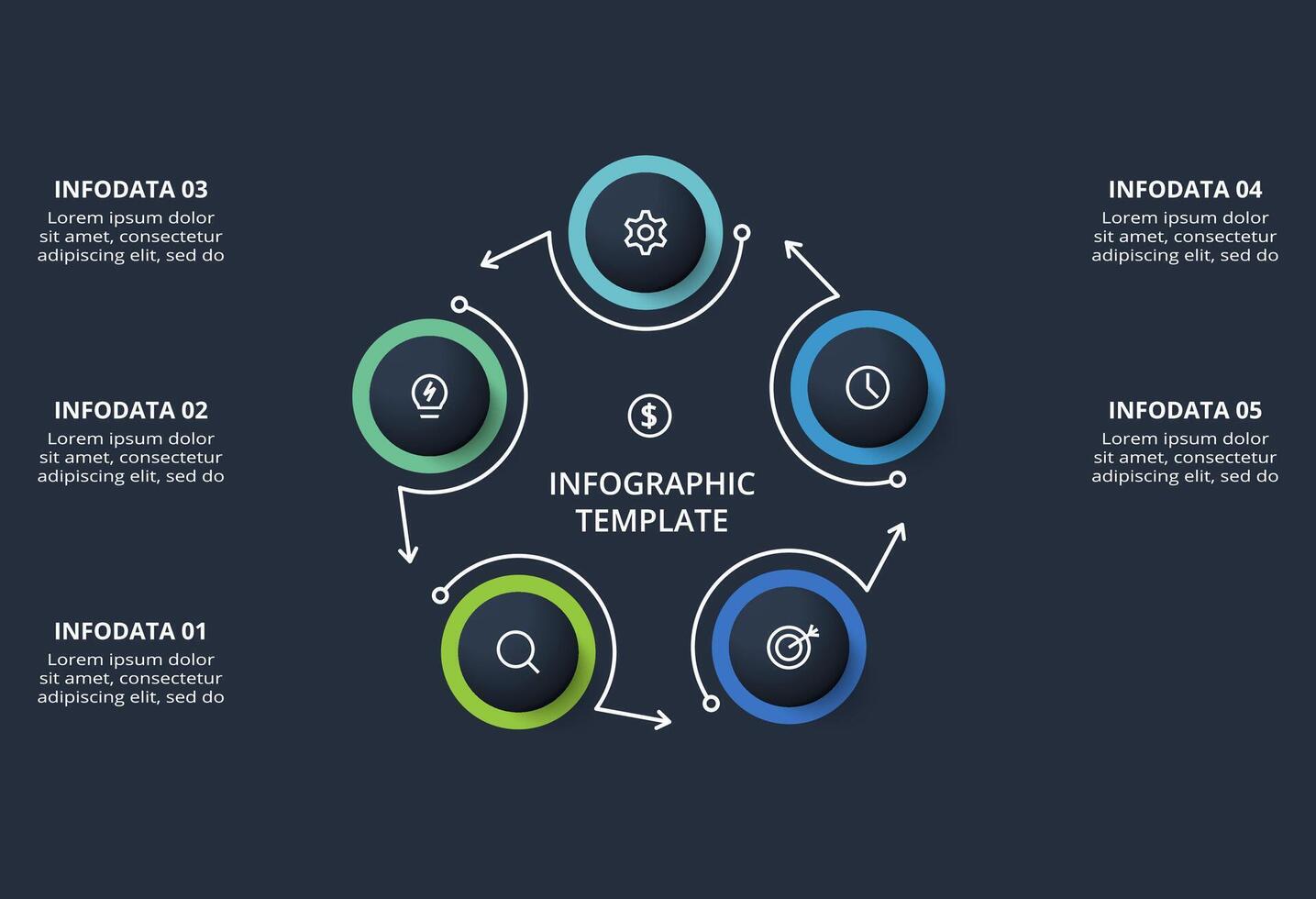 Creative infographic with 5 elements, presentations, illustration. Template for web on a black background. vector