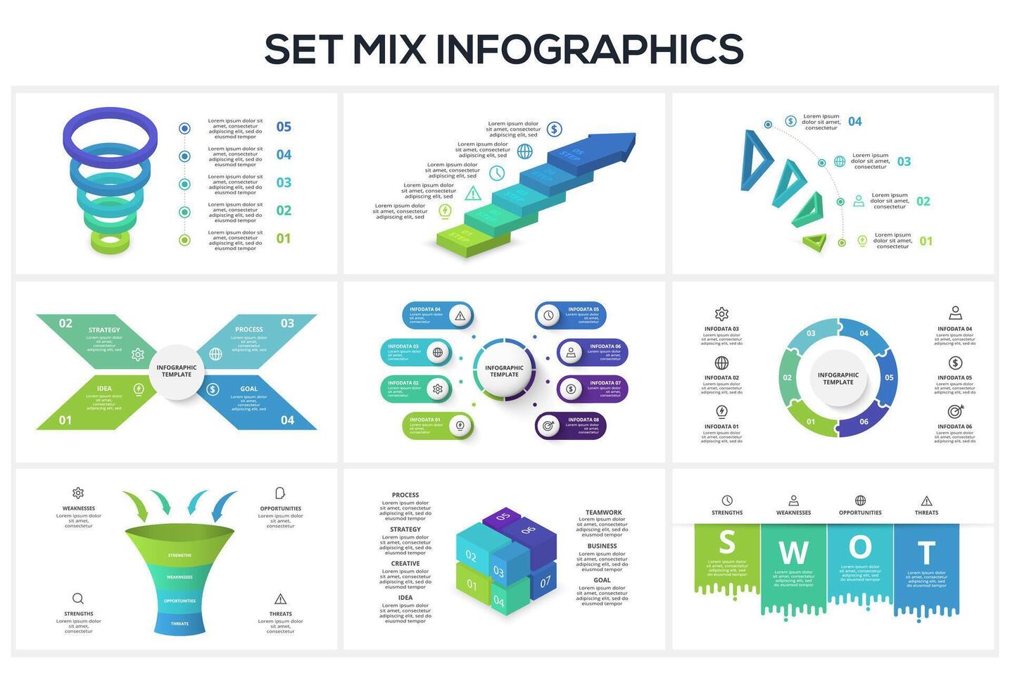 Set creative concept for infographic with 4, 5. 6, 8 steps, options, parts or processes. Business data visualization. vector