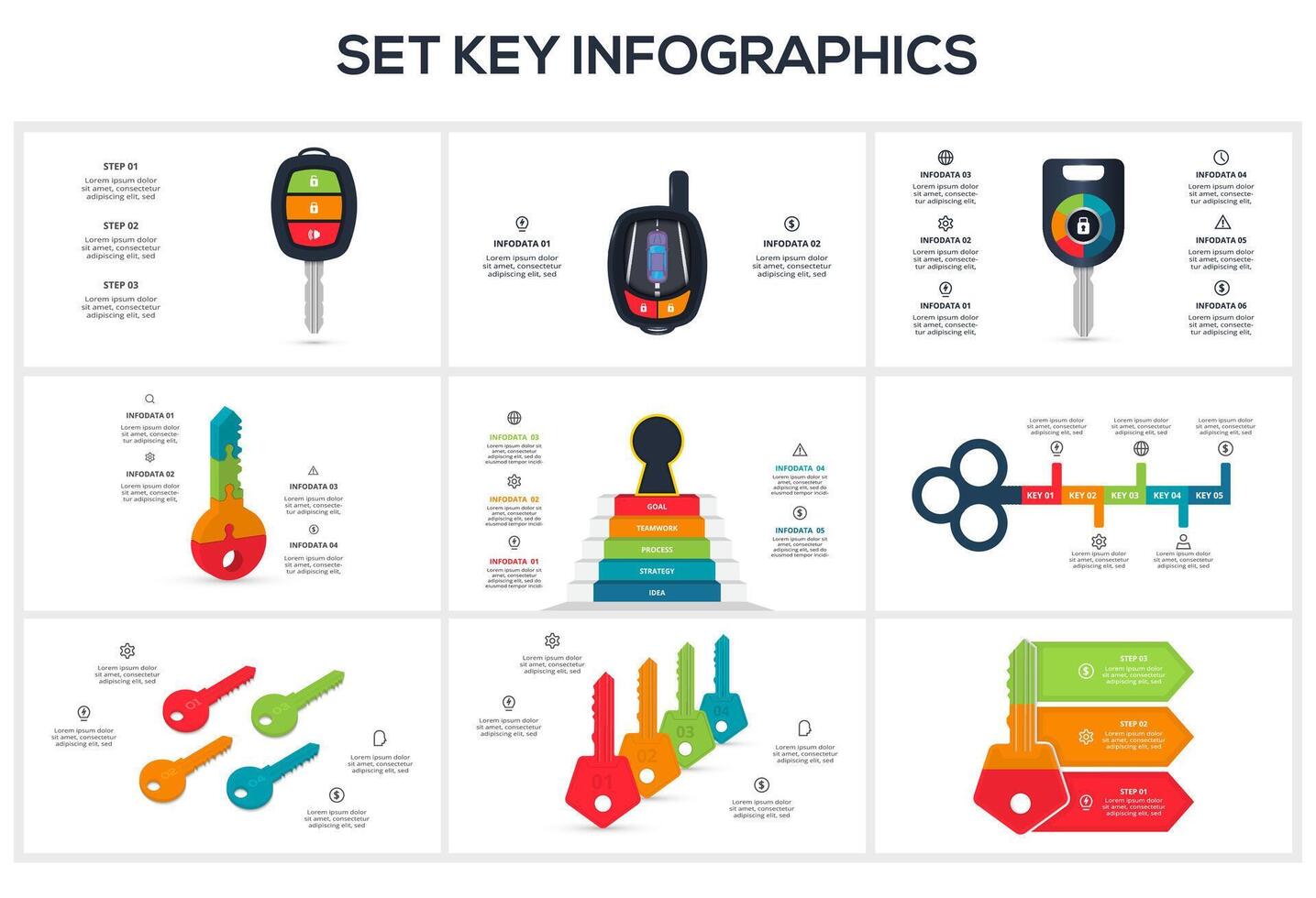 Set Keys concept for infographics with 2, 3, 4, 5, 6 steps, options, parts or processes. Business data visualization. vector