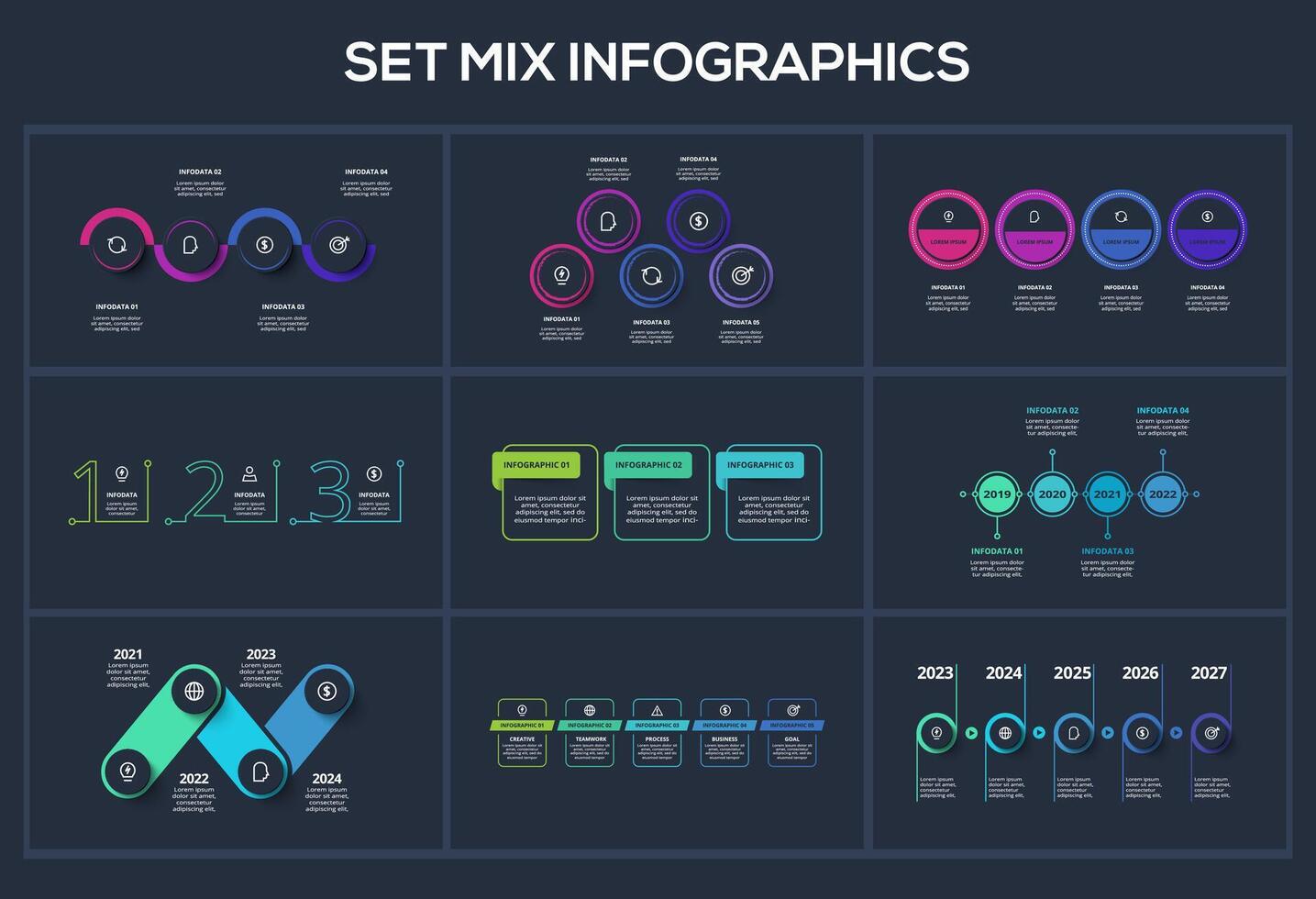 Set creative concept for infographic with 3, 4. 5 steps, options, parts or processes. Business data visualization. vector