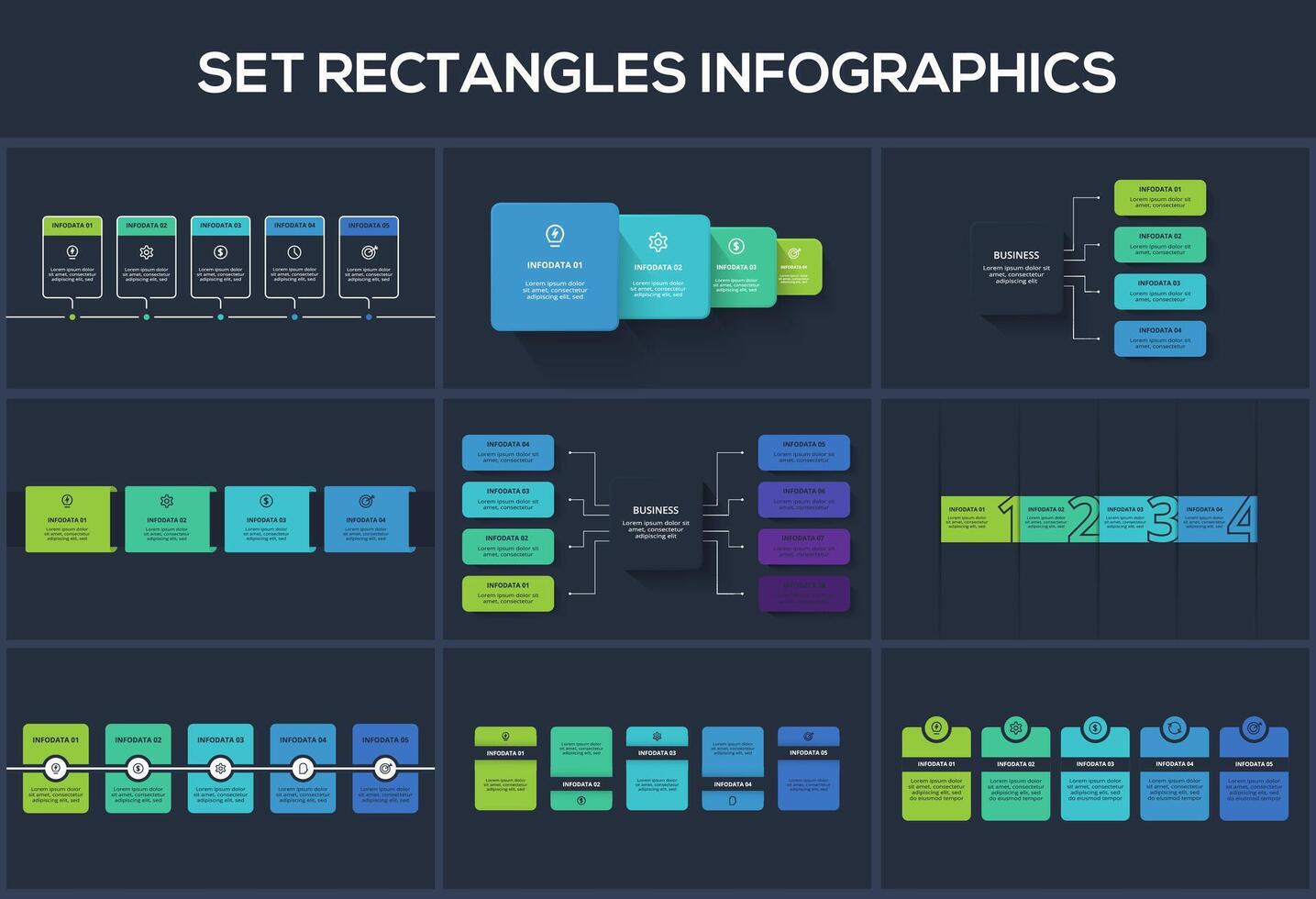 Set Rectangles infographic with 4, 5, 8 steps, options, parts or processes. Template for web on a background. vector