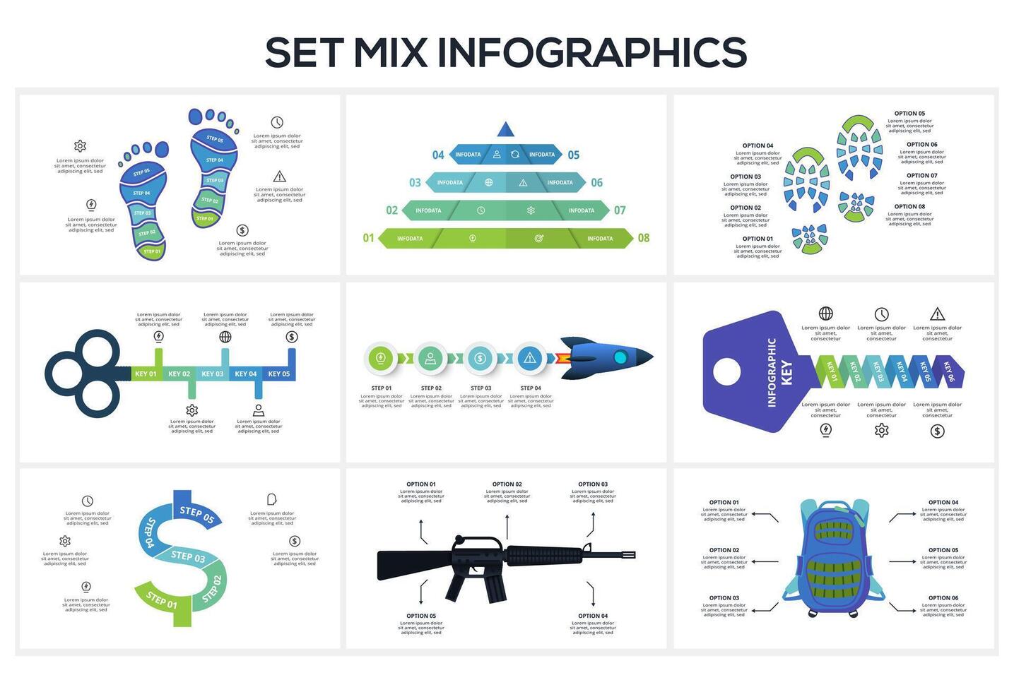Set creative concept for infographic with 4. 5, 6, 8 steps, options, parts or processes. Business data visualization. vector