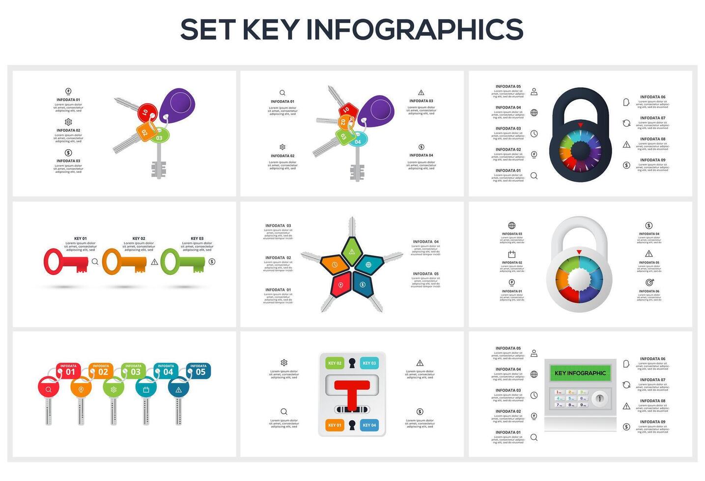 Set Keys concept for infographics with 3, 4, 5, 6, 9 steps, options, parts or processes. Business data visualization. vector