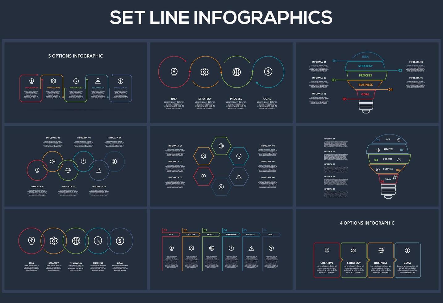 Set Line dark infographics elements. Templates for growth chart, graph, presentation, chart. Business startup concept vector