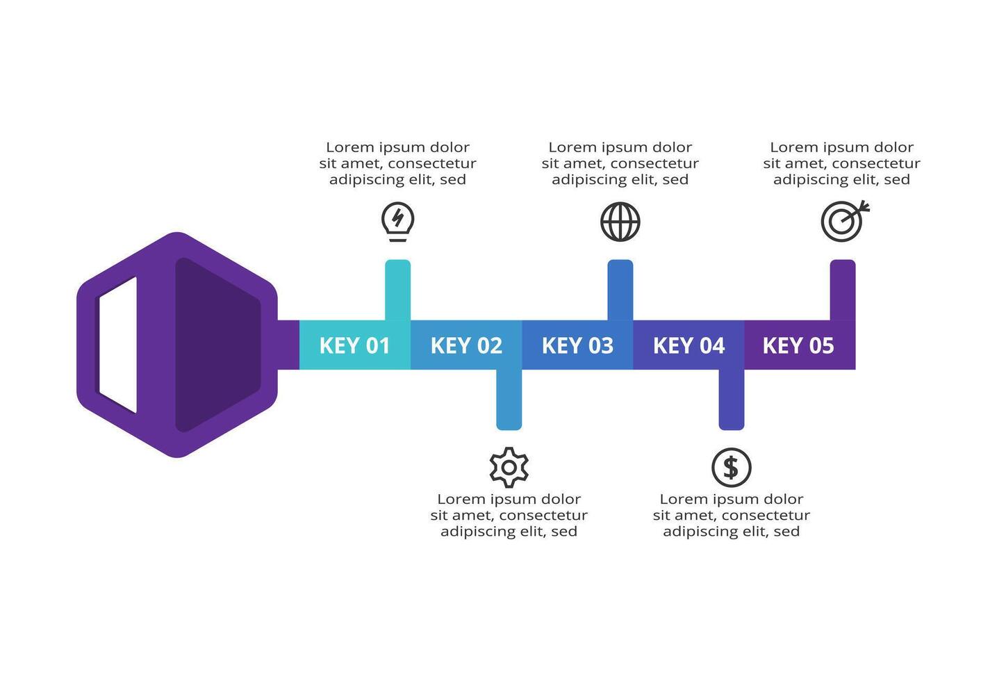 Key with 5 elements, infographic template for web, business, presentations, illustration. Business data visualization. vector