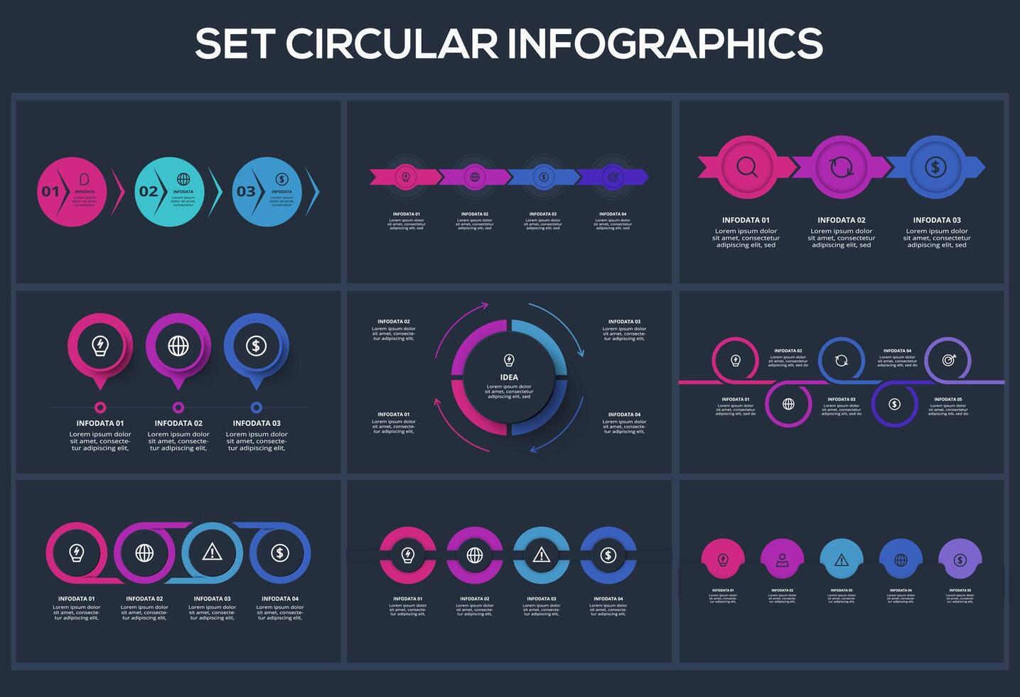 Set creative concept for infographic with 3, 4. 5 steps, options, parts or processes. Business data visualization. vector