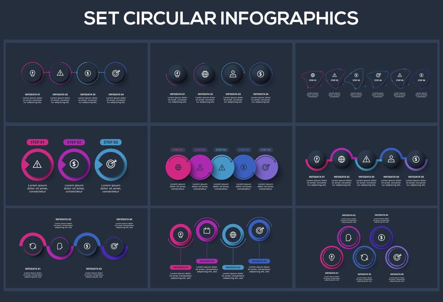 Set creative concept for infographic with 3, 4. 5, 6 steps, options, parts or processes. Business data visualization. vector