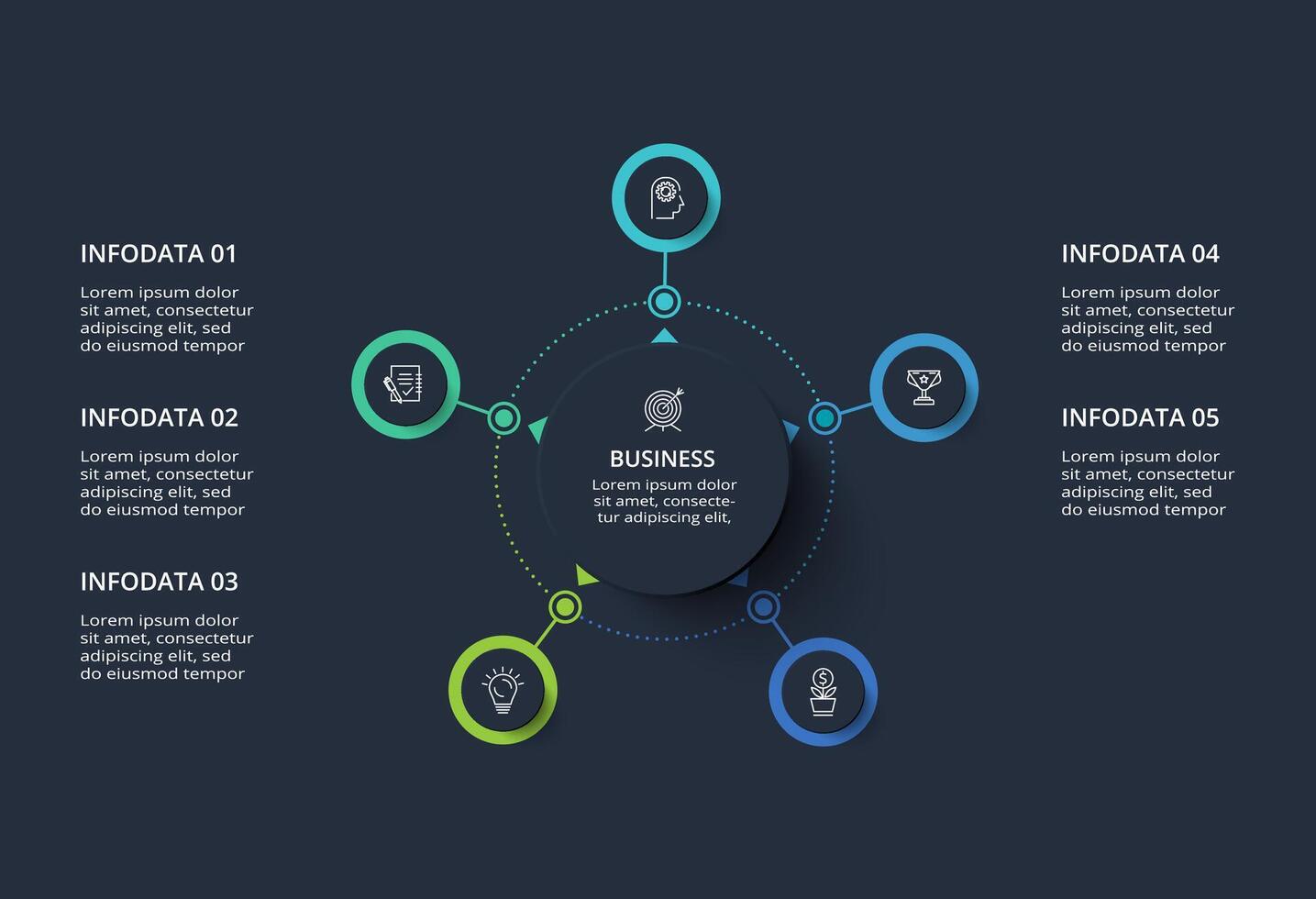 Creative infographic with 5 elements, presentations, illustration. Template for web on a black background. vector