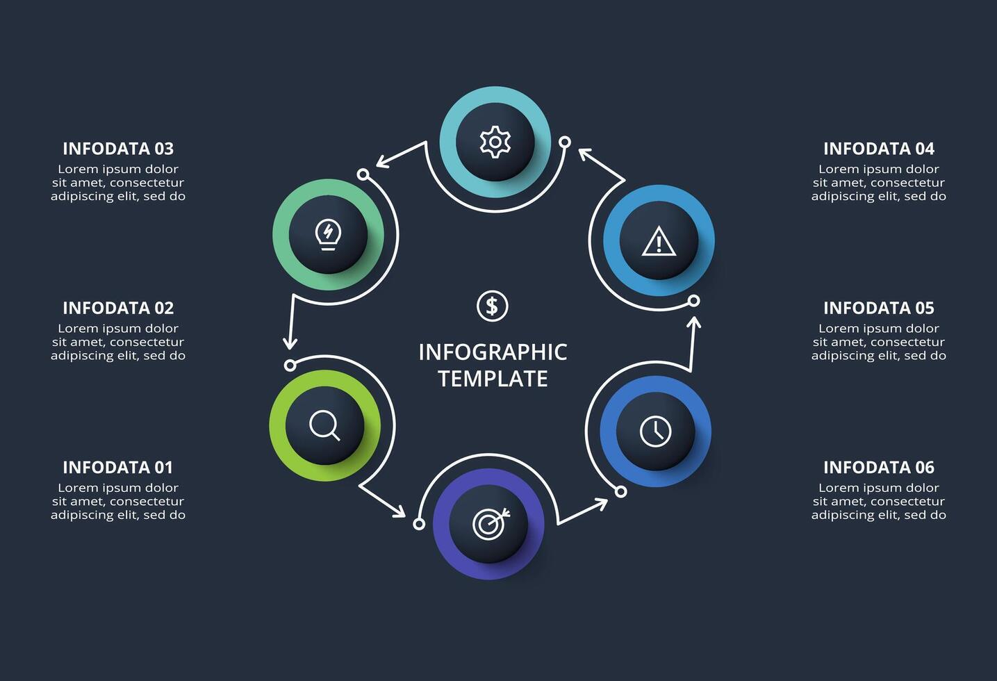 Creative infographic with 6 elements, presentations, illustration. Template for web on a black background. vector