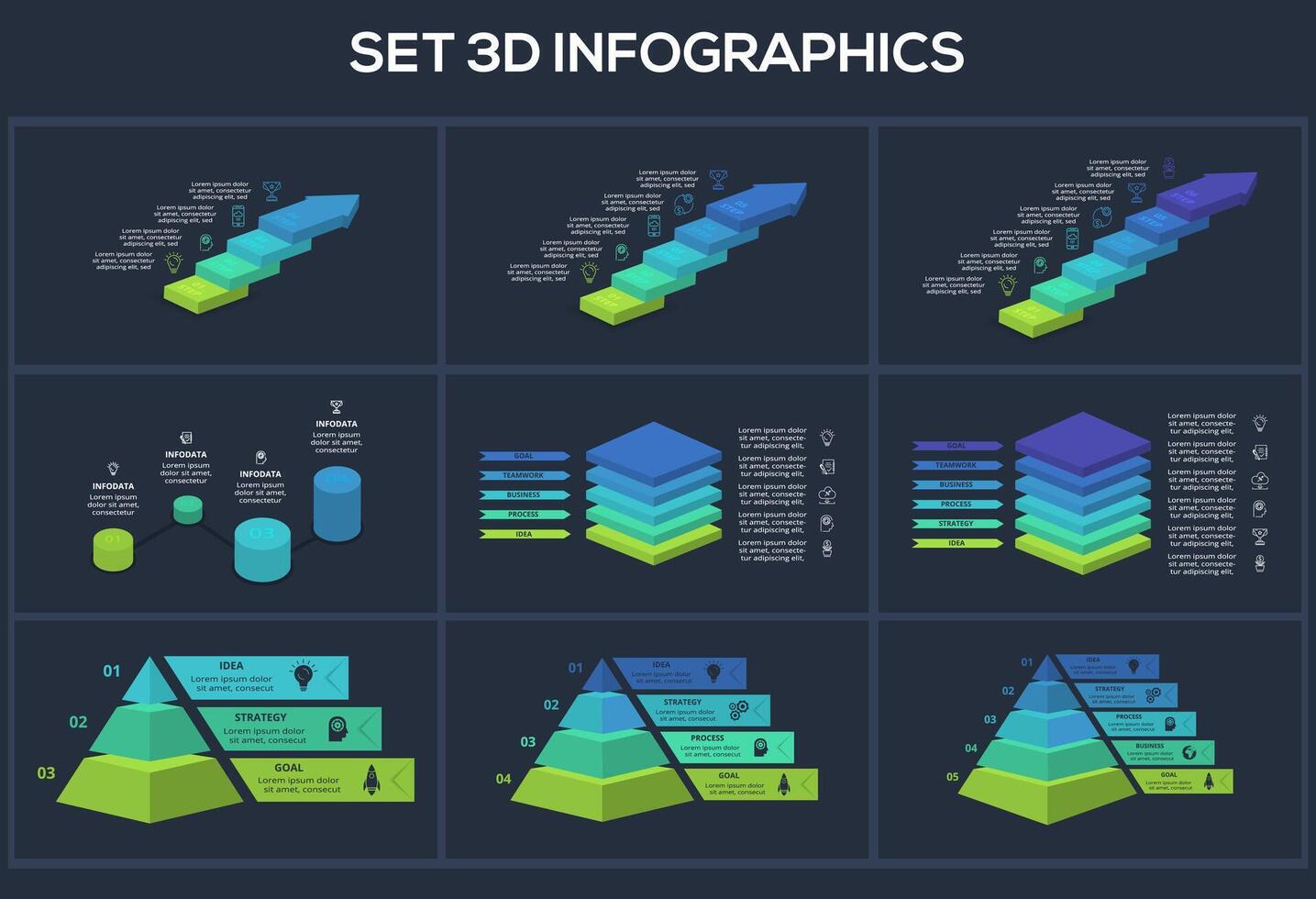 Set 3d concept for infographic with 3, 4, 5, 6 steps, parts or processes. Template for web on a black background. vector