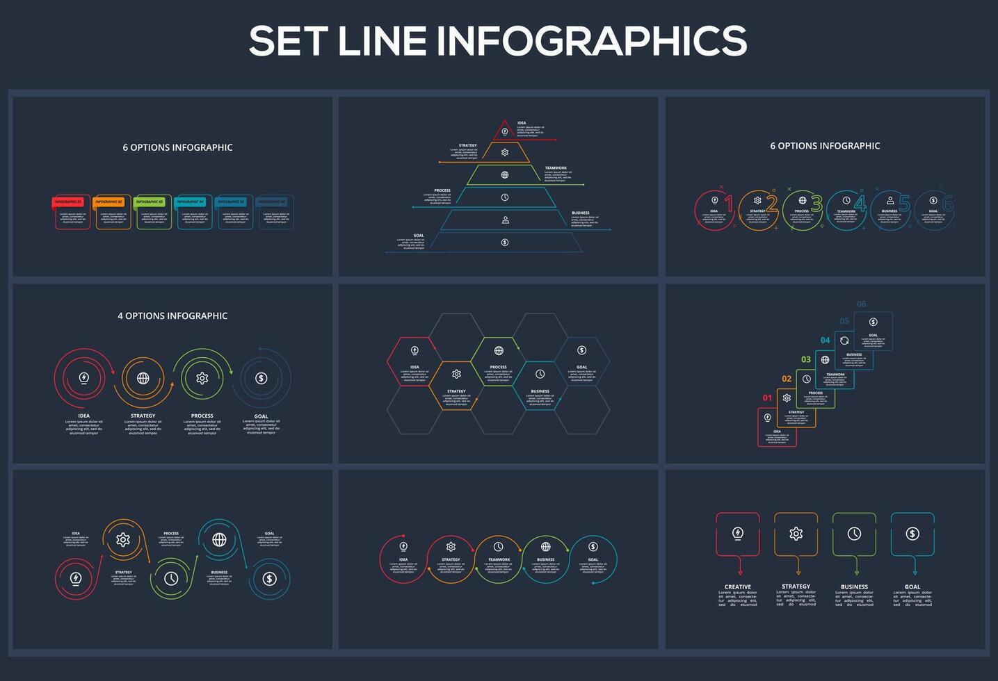 Set Line dark infographics elements. Templates for growth chart, graph, presentation, chart. Business startup concept vector