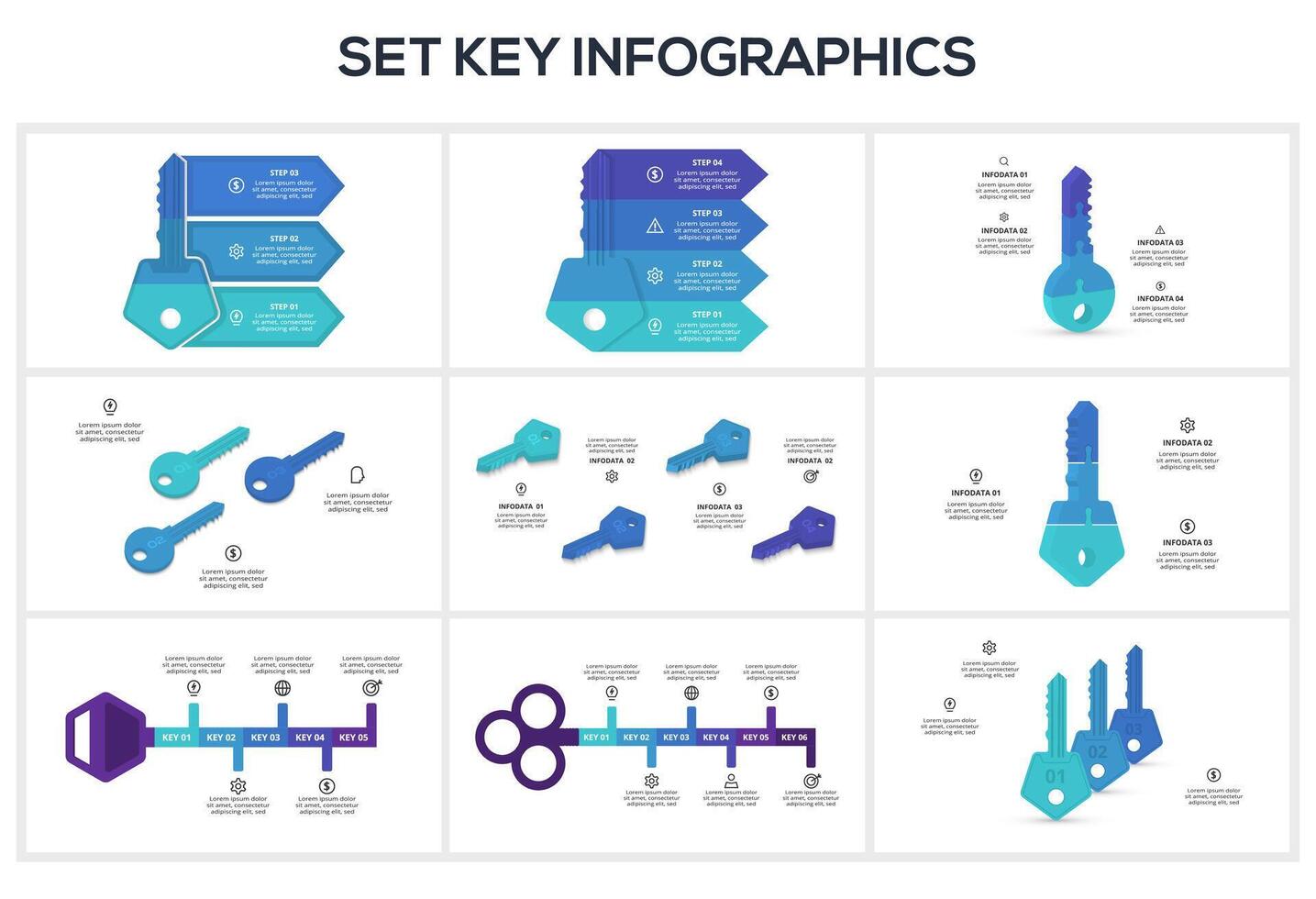 Set Keys concept for infographics with 3, 4, 5, 6 steps, options, parts or processes. Business data visualization. vector