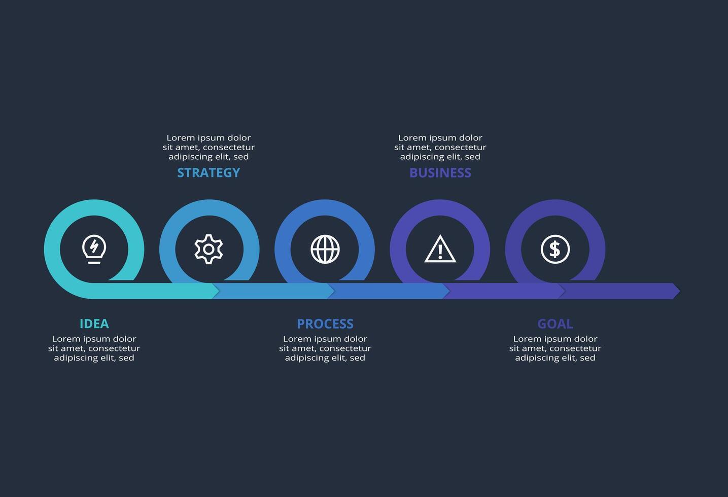 Creative infographic with 5 elements, presentations, illustration. Template for web on a black background. vector