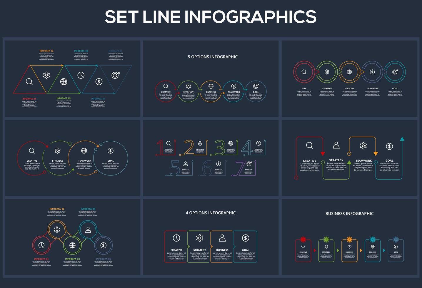 Set Line dark infographics elements. Templates for growth chart, graph, presentation, chart. Business startup concept vector